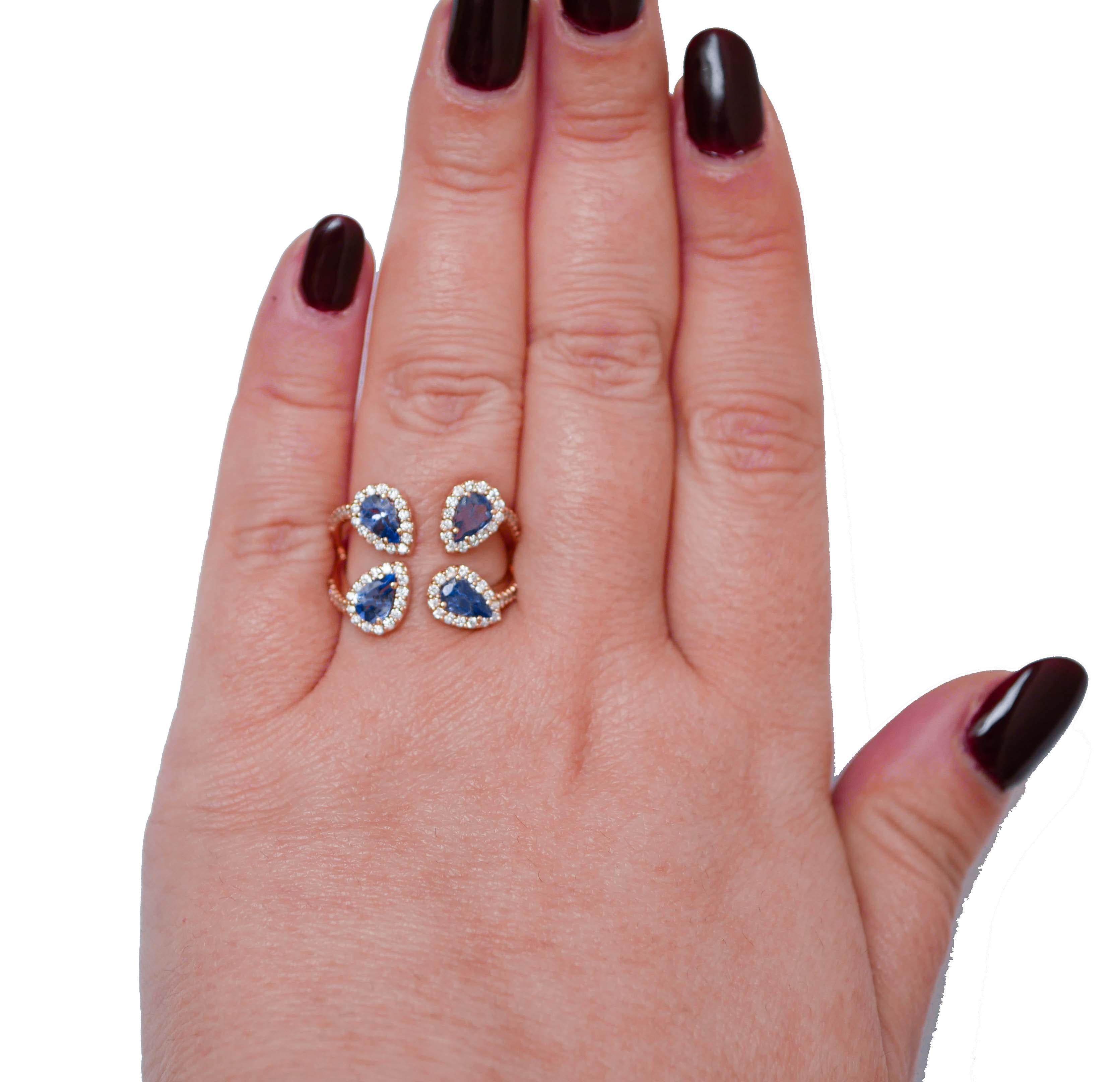 Mixed Cut Tanzanite, Diamonds, 18 Karat Rose Gold Ring. For Sale