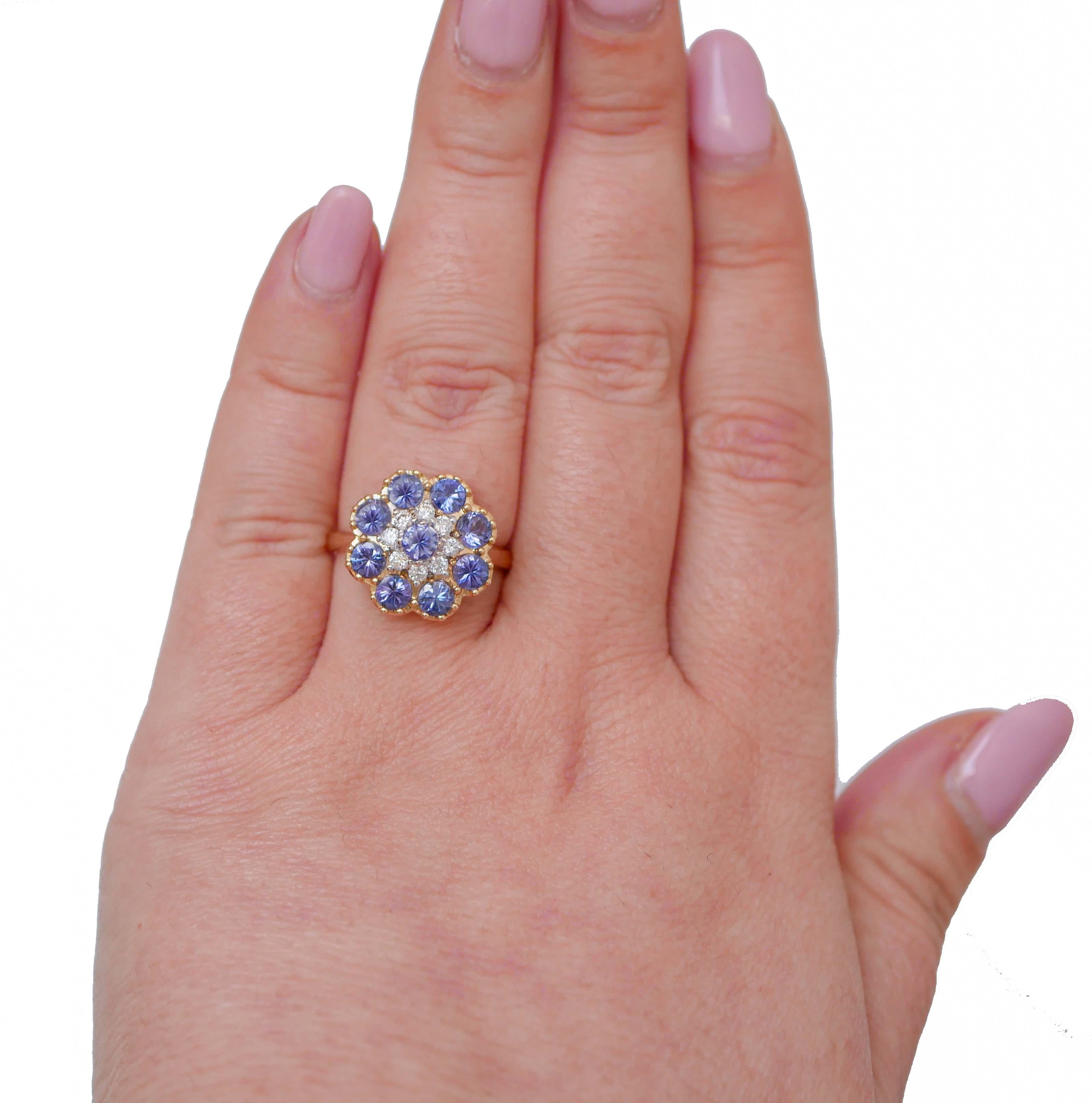 Mixed Cut Tanzanite, Diamonds, 18 Karat Rose Gold Ring. For Sale