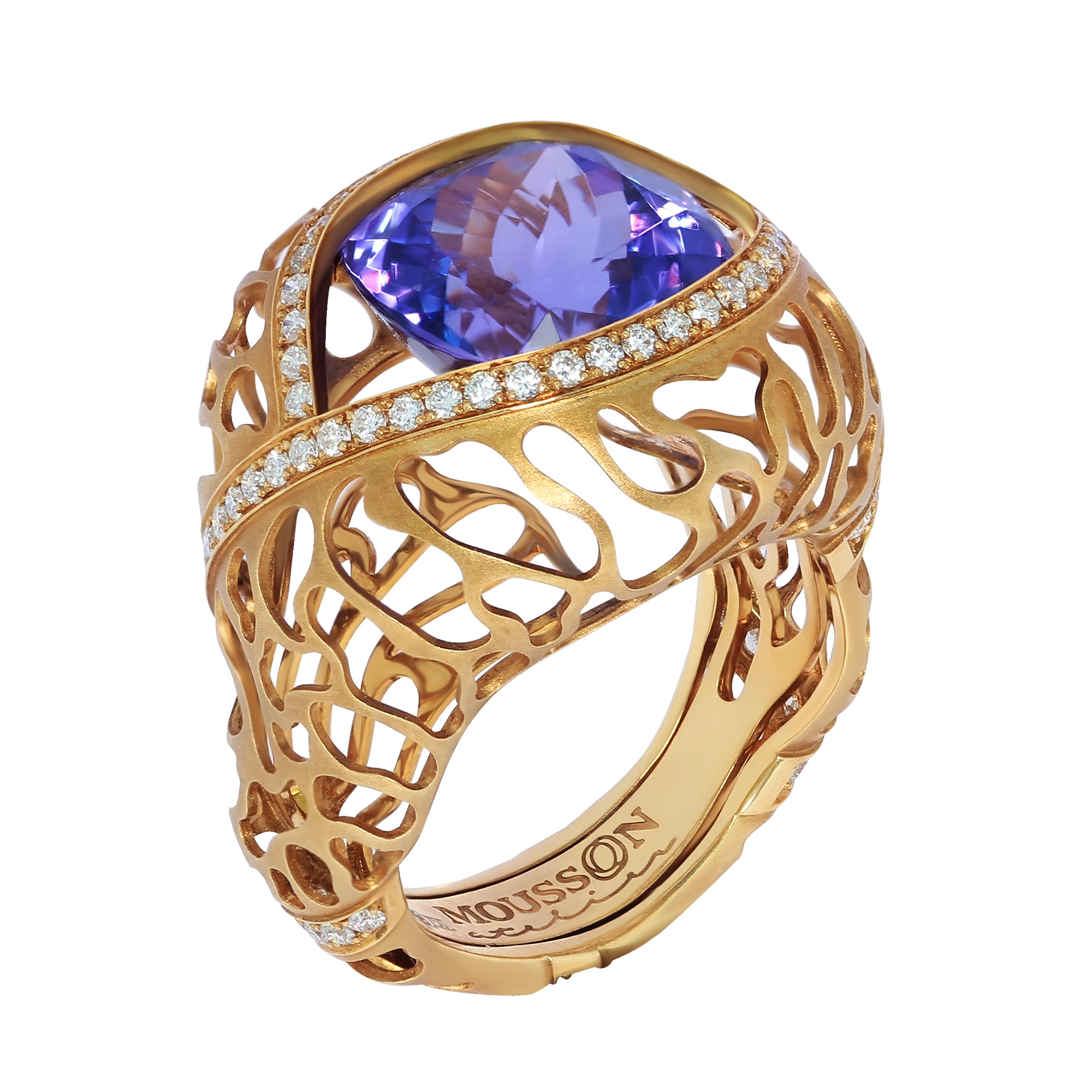 Cushion Cut Tanzanite Diamonds 18 Karat Yellow Gold Coral Reef Suite For Sale