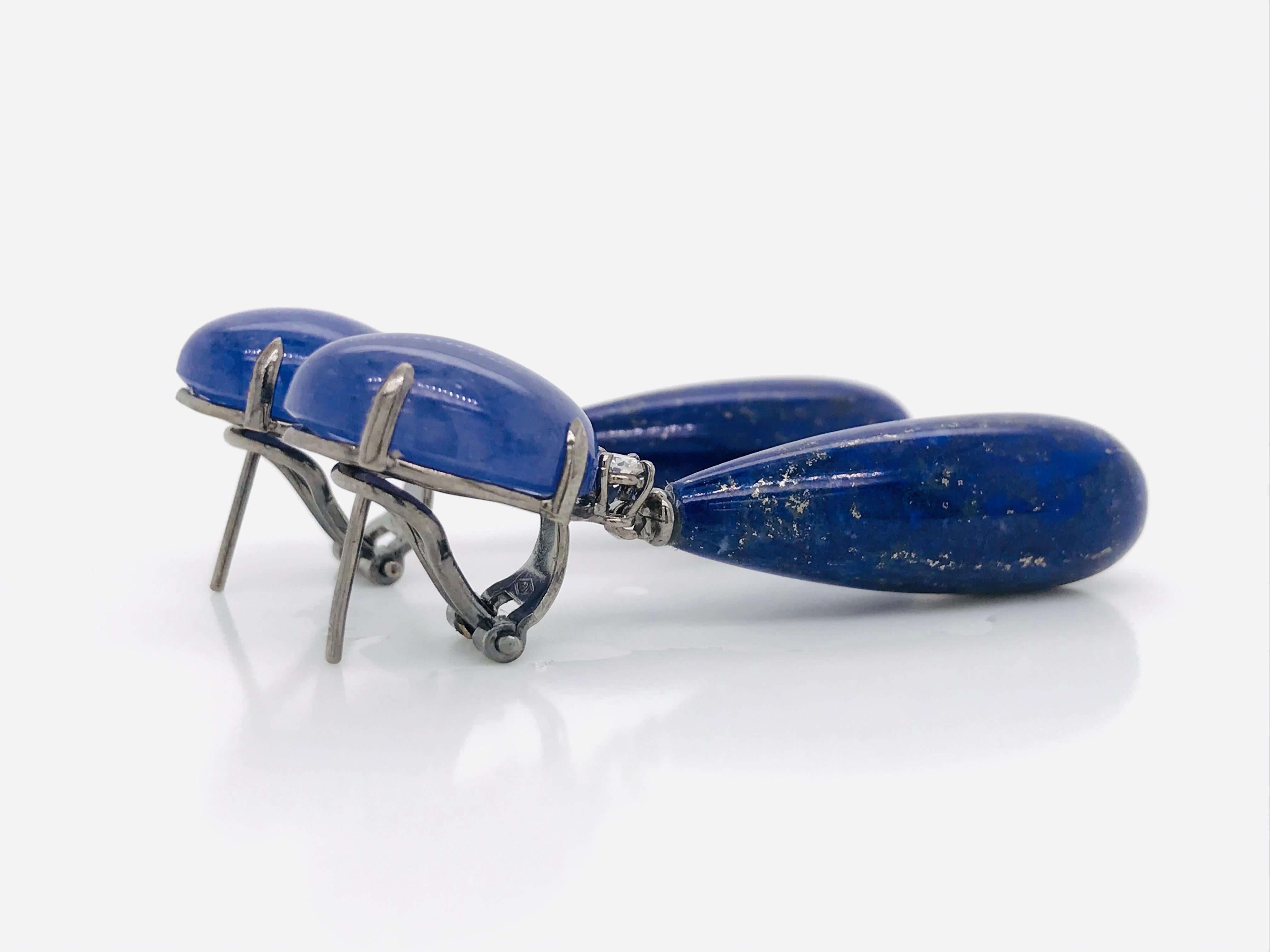 Oval Cut Tanzanite, Diamonds and Lapiz Lazuli on Black Gold 18 Karat Chandelier Earrings