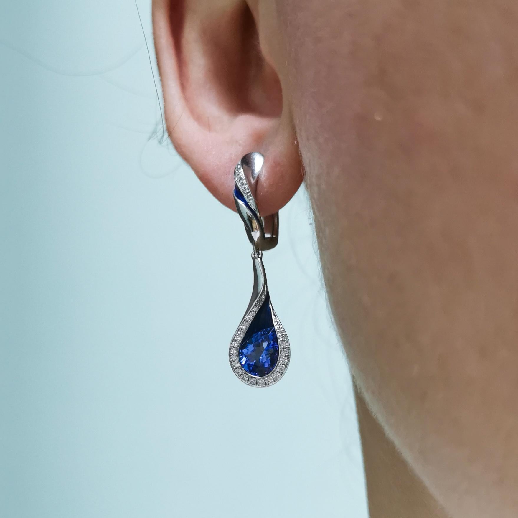 Tanzanite Diamonds Enamel 18 Karat White Gold Melted Colors Earrings In New Condition For Sale In Bangkok, TH