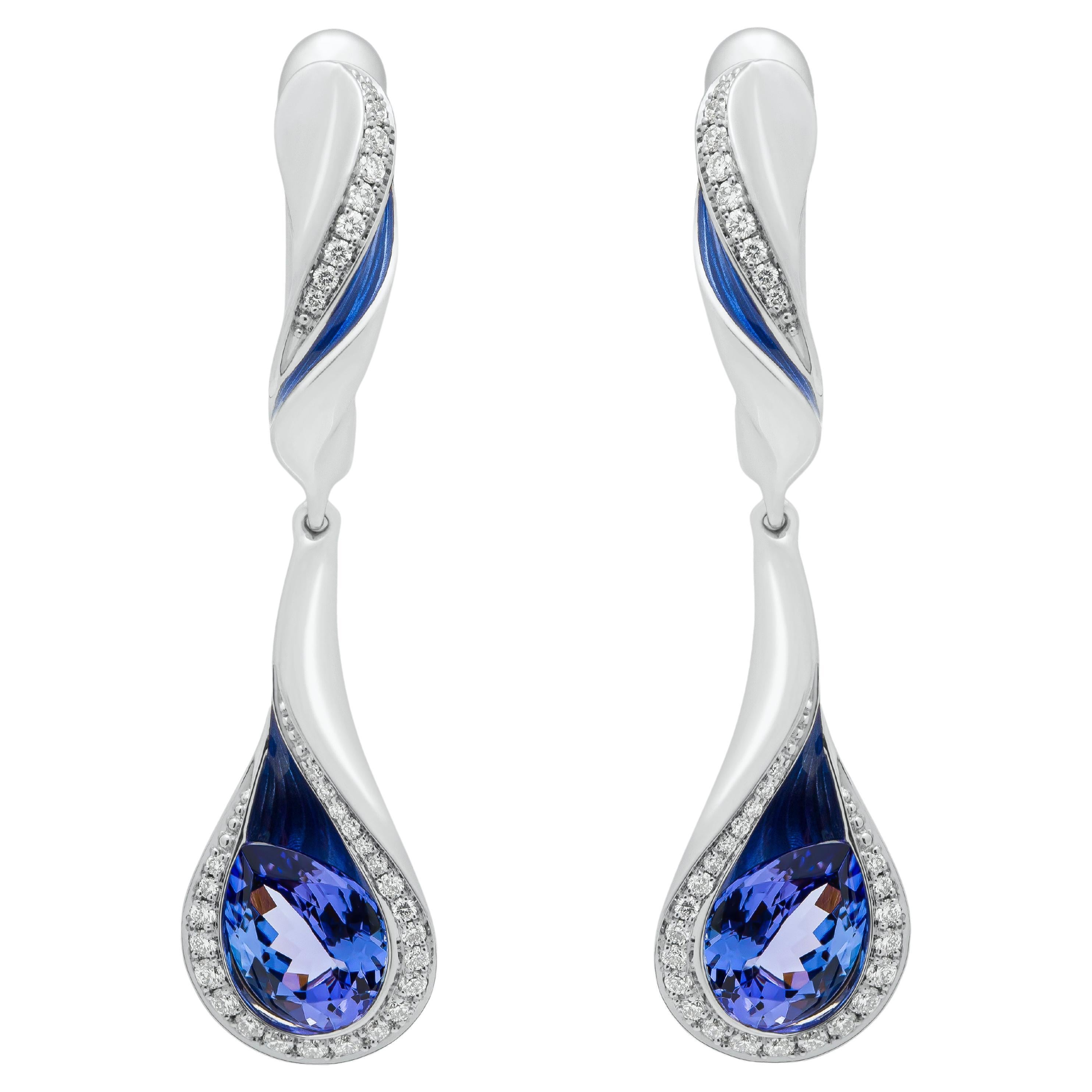 Boucles d'oreilles en or blanc 18 carats avec tanzanite, diamants et émail, couleurs fondues