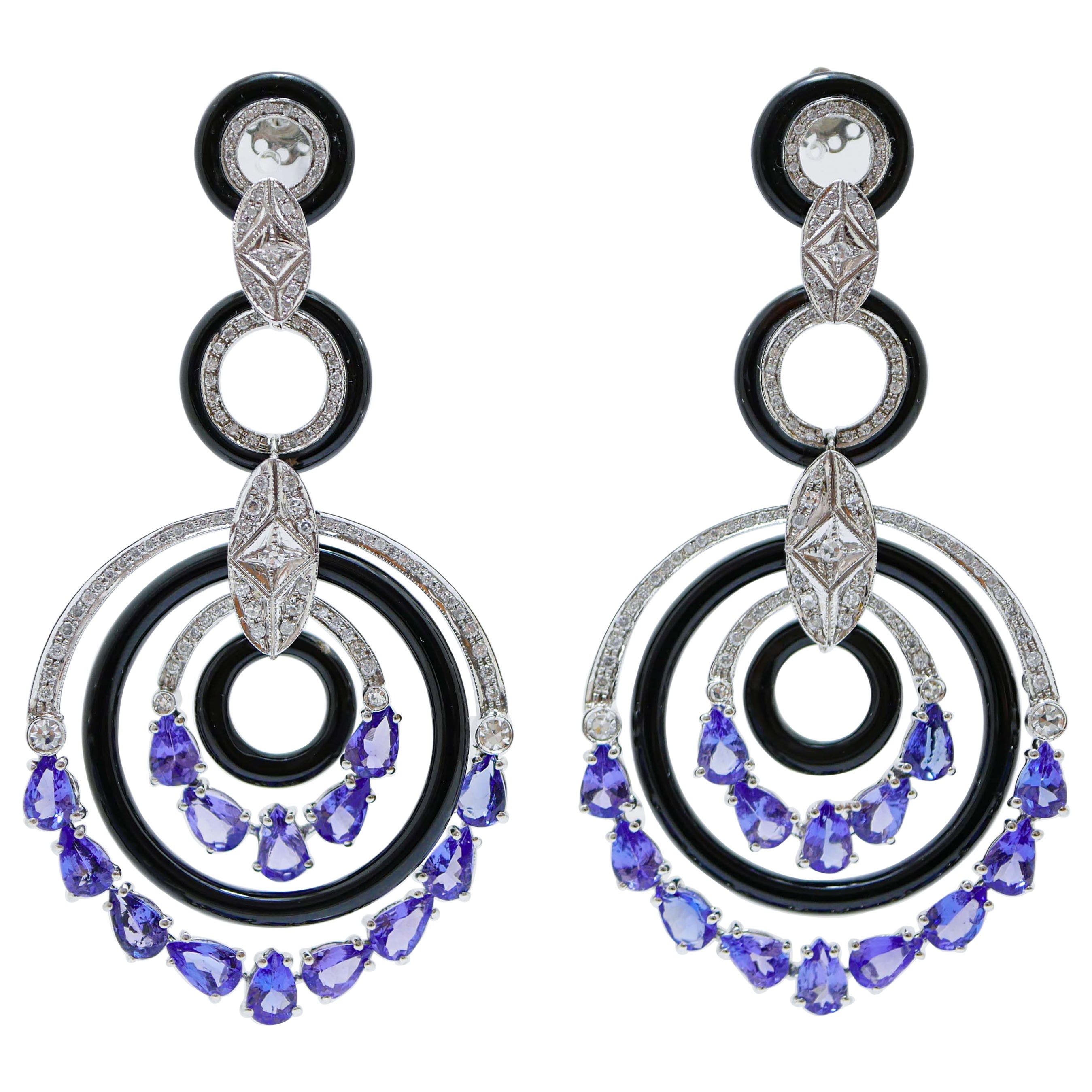 Boucles d'oreilles Wite en or 14 carats, diamants, onyx, platine et tanzanite