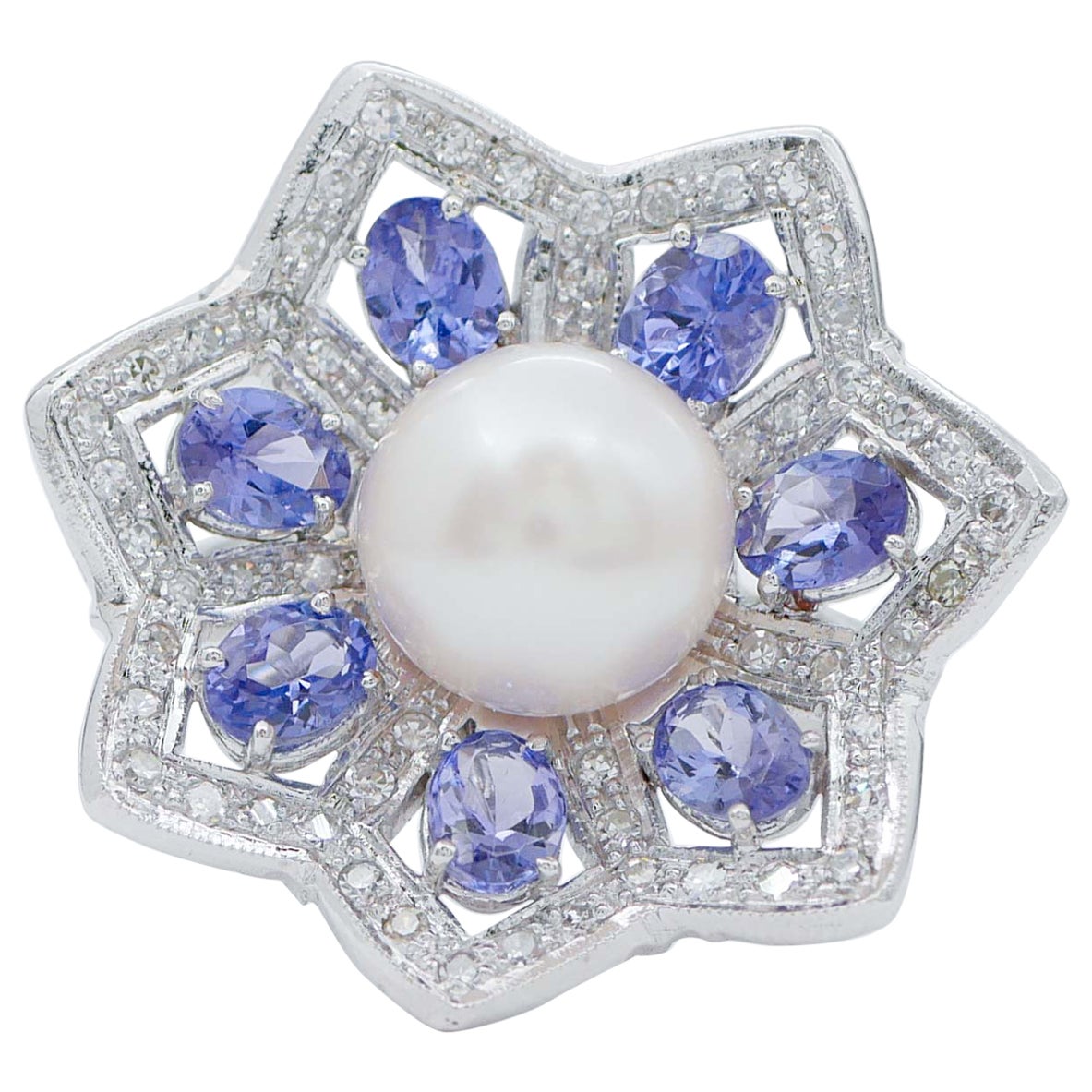 Tansanit, Diamanten, Perlen, Platin und 14 Karat Weißgold Ring