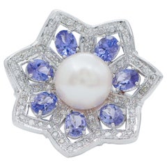 Tansanit, Diamanten, Perlen, Platin und 14 Karat Weißgold Ring