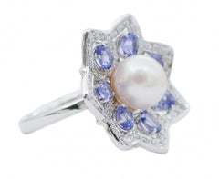 Tanzanite, Diamonds, Pearl, Platinum and 14 Karat White Gold Ring