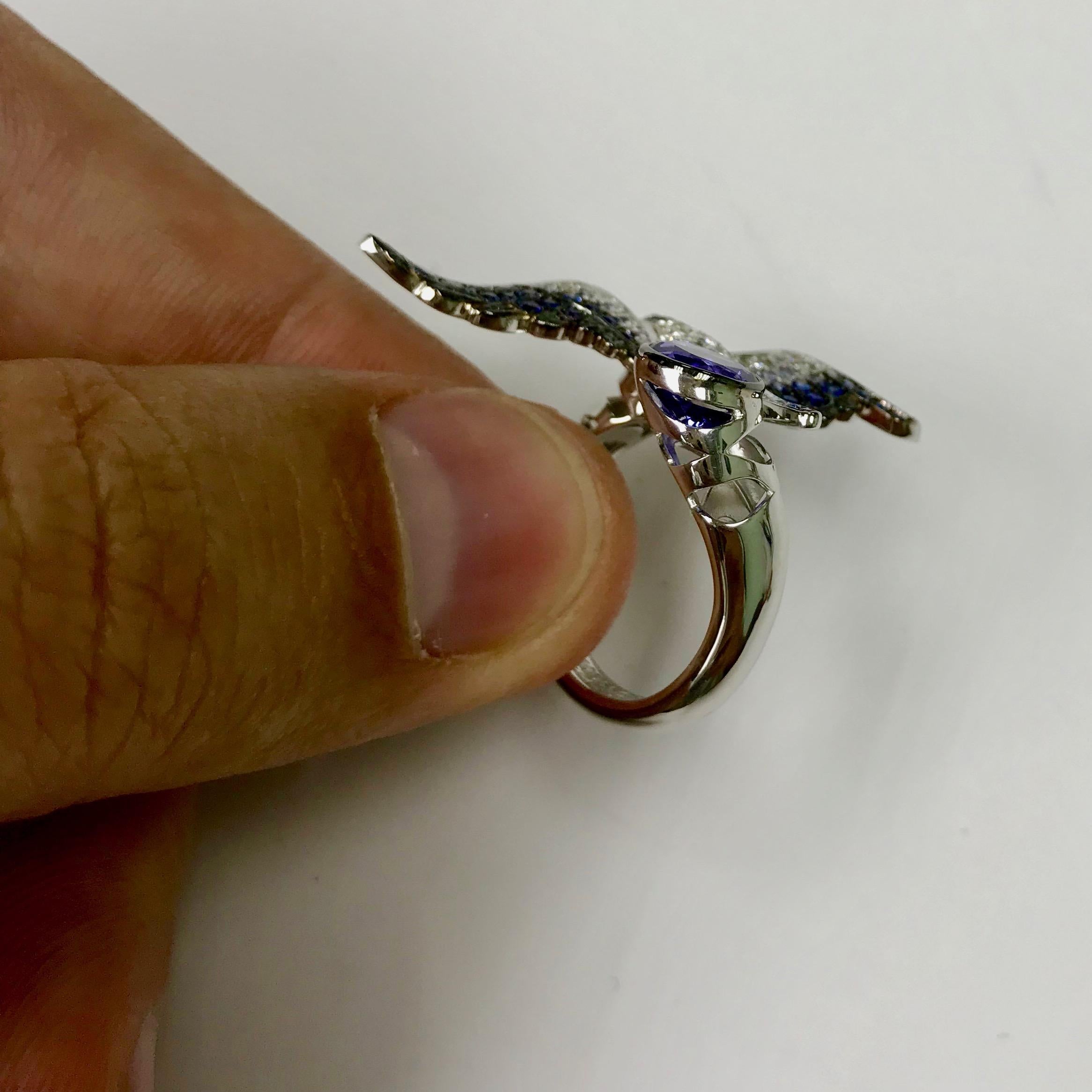 Tanzanite Diamonds Sapphire 18 Karat White Gold Seagull Ring In New Condition For Sale In Bangkok, TH