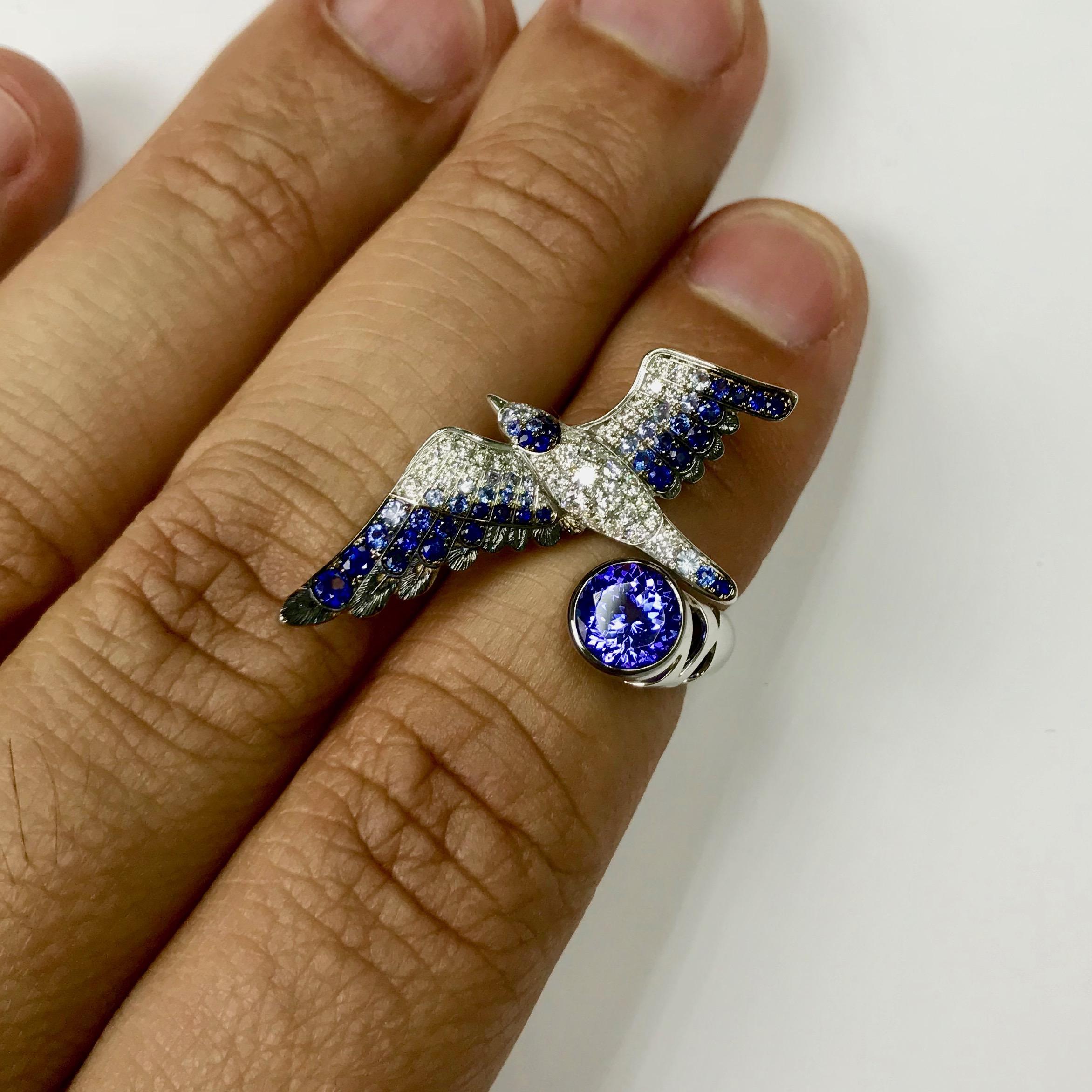 Tanzanite Diamonds Sapphire 18 Karat White Gold Seagull Ring For Sale 2
