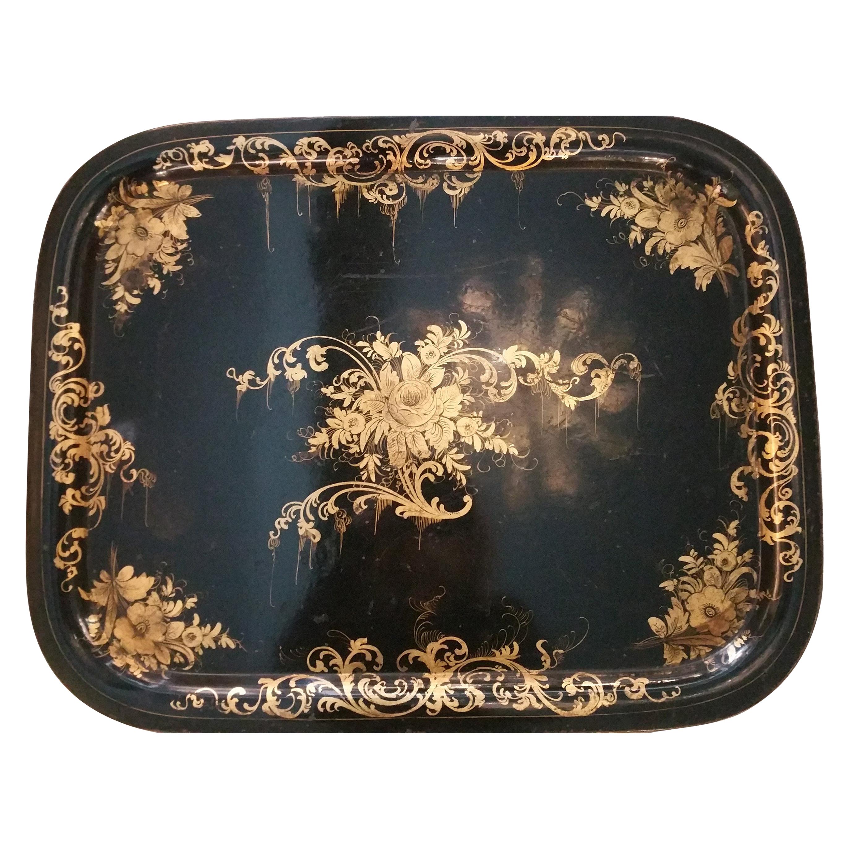 Napoleon III French Metal Toleware Tray Hand Painted with Gold Paint 