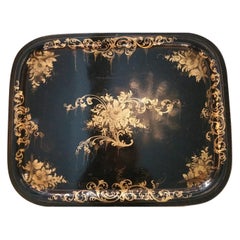 Antique Napoleon III French Metal Toleware Tray Hand Painted with Gold Paint