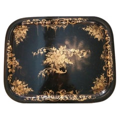 Napoleon III French Metal Toleware Tray Hand Painted with Gold Paint 