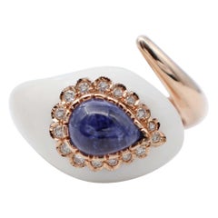 Tansanit, Diamanten, weißer Achat, Ring in Schlangenform aus 14 Karat Roségold