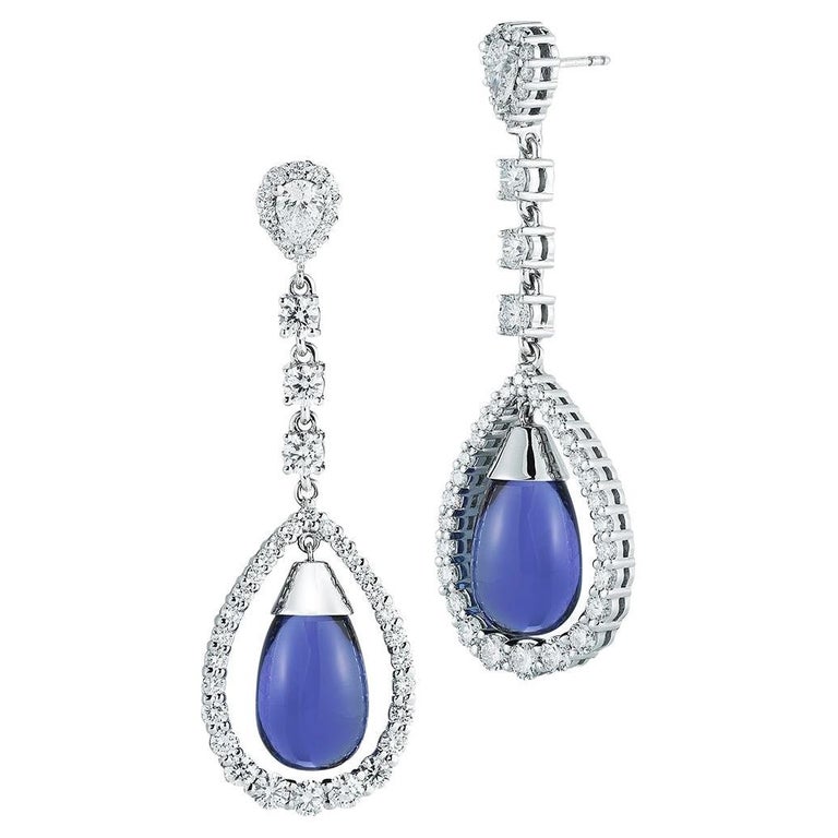 18k White Gold 22.78ct Tanzanite and 5.36ct Diamond Drop Earring For