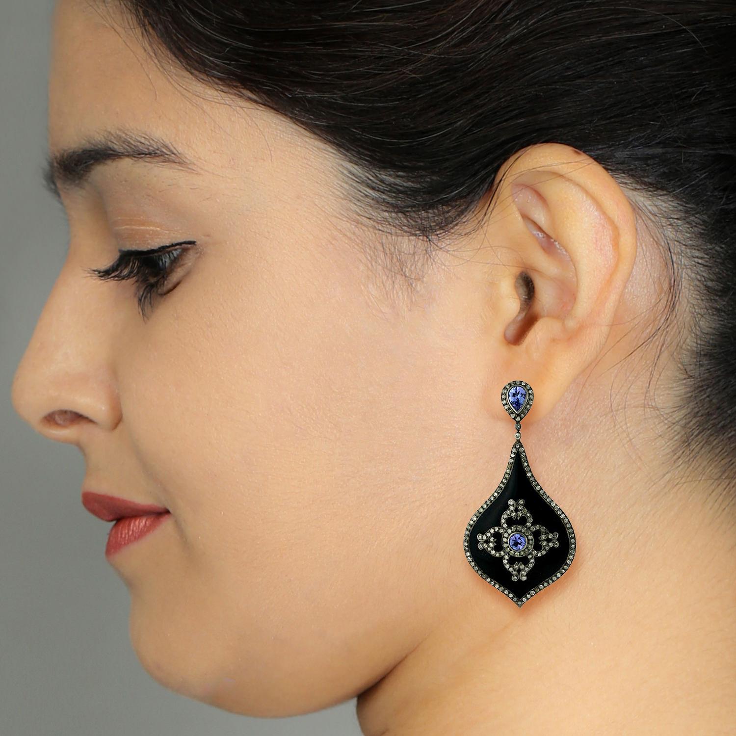Contemporary Tanzanite Drop Earrings Black Enamel Set With Diamonds 5.5 Carats For Sale