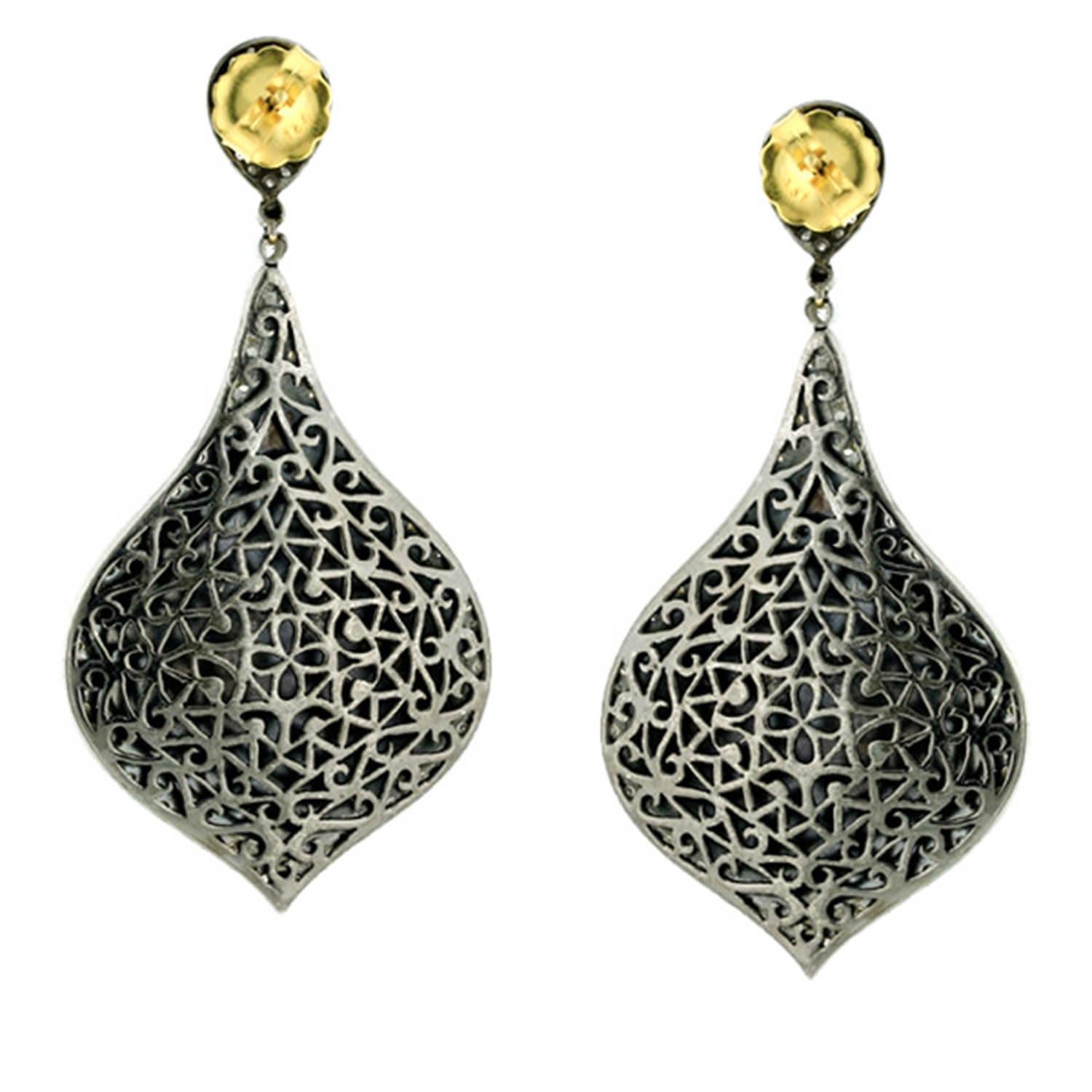 Mixed Cut Tanzanite Drop Earrings Black Enamel Set With Diamonds 5.5 Carats For Sale