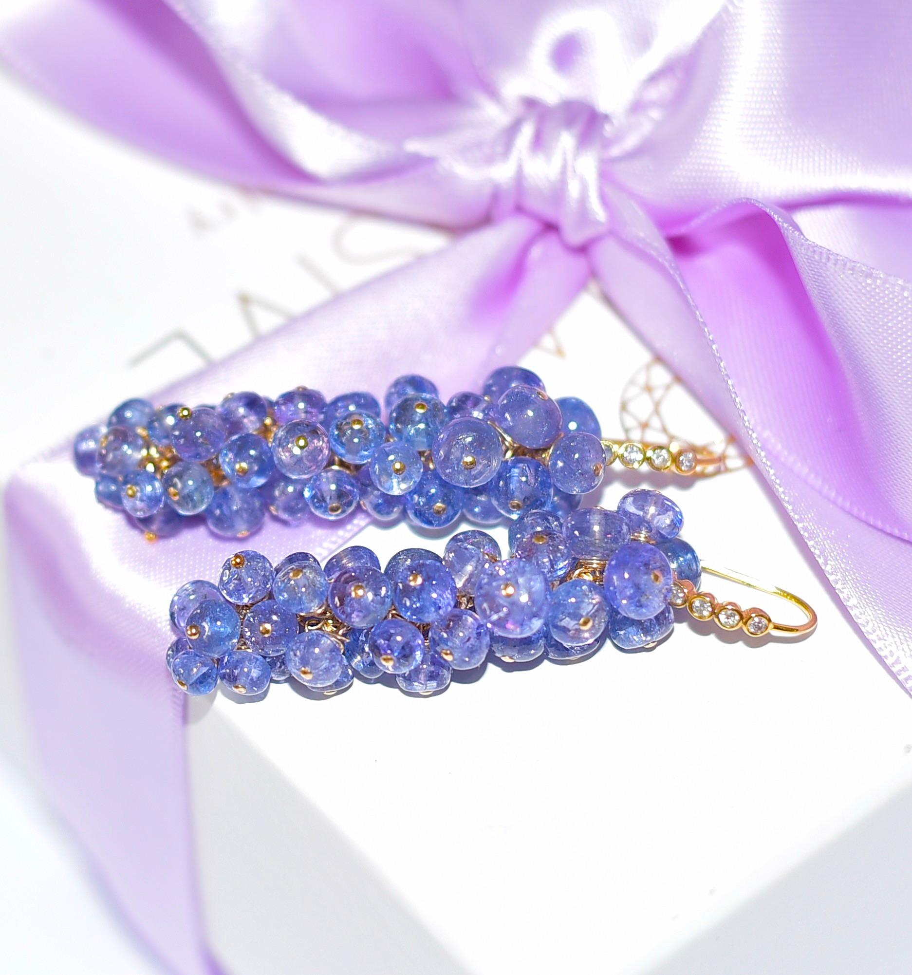 Striking and luxurious Tanzanite earrings are not to be missed! Rich and vibrant characteristic periwinkle color and marvelous gem-grade clarity! 
Tanzanite beads soze 3.7mm-6.3mm
Earwire: Extraordinary 14K Solid Yellow Gold ear wires with sparkly