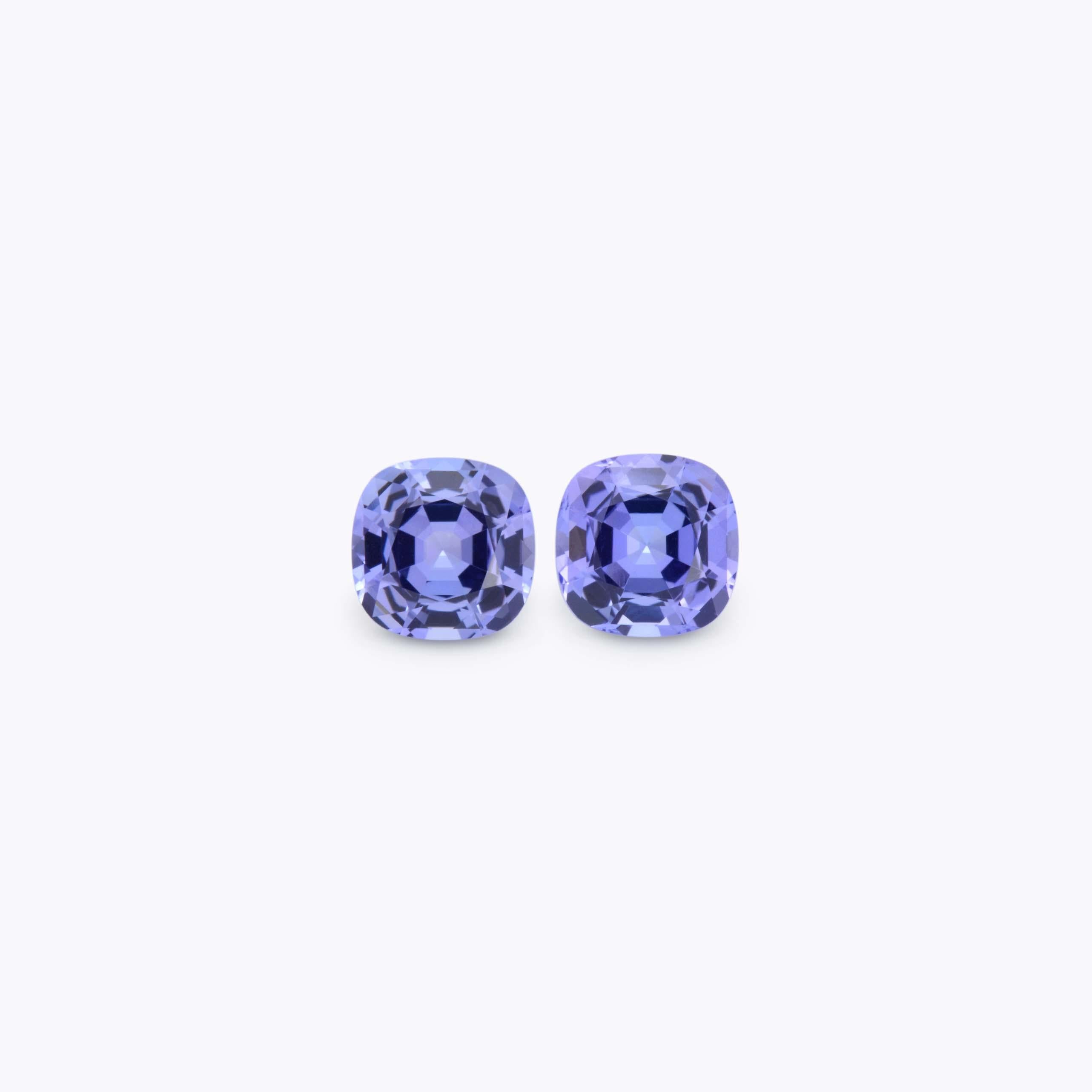 Lively Tanzanite cushion pair totaling 4.04 carats, offered unmounted for a spectacular custom pair of earrings.
Dimensions: 7.8 x 7.8 x 5.0 mm.
Returns are accepted and paid by us within 7 days of delivery.
We offer supreme custom jewelry work upon