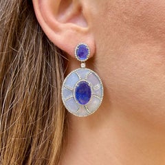Tanzanite Earrings Set With Diamonds and Chalcedony 41 Carats Total