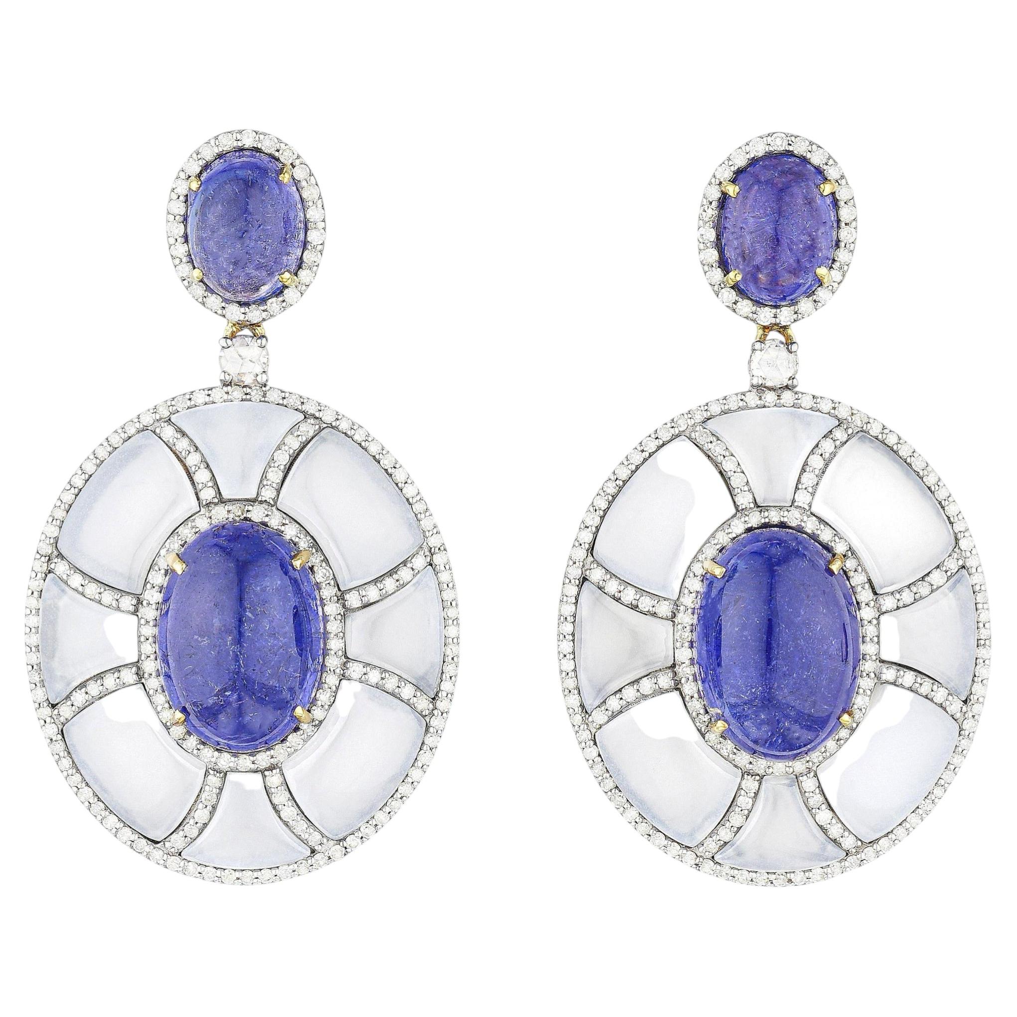 Tanzanite Earrings Set With Diamonds and Chalcedony 41 Carats Total