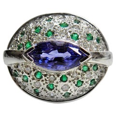 Tanzanite Emerald and Diamond Contemporary Statement Ring 18K White Gold