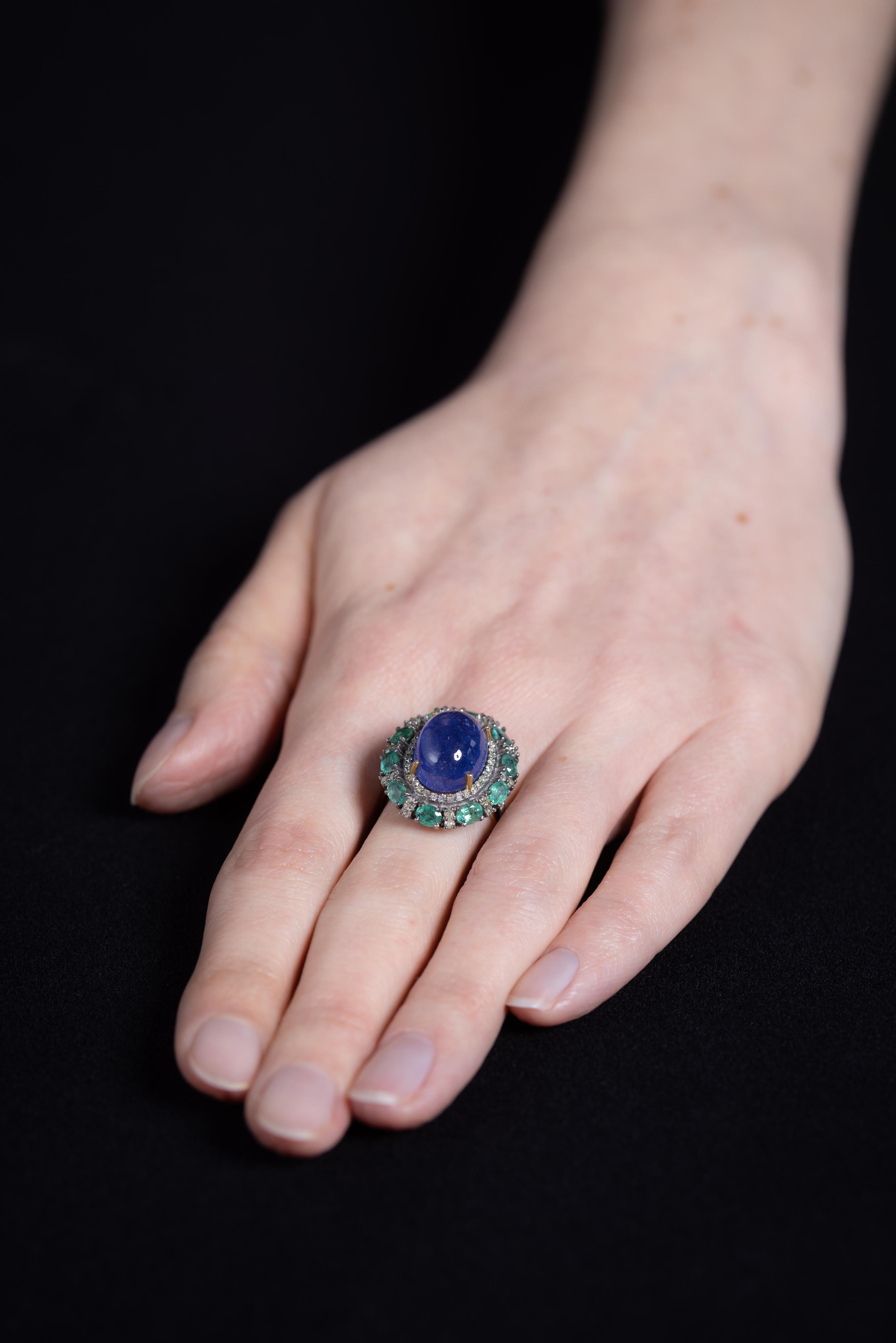 Cabochon Tanzanite, Emerald and Diamond Dome Ring