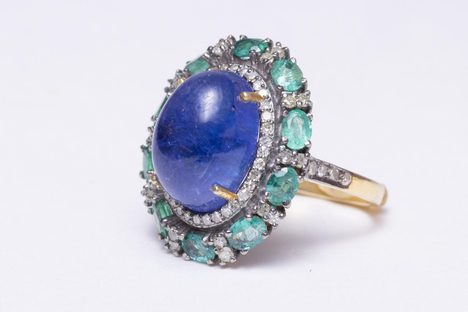 Tanzanite, Emerald and Diamond Dome Ring In Excellent Condition In Nantucket, MA