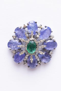 Tanzanite, Emerald and Diamond Stud Earrings