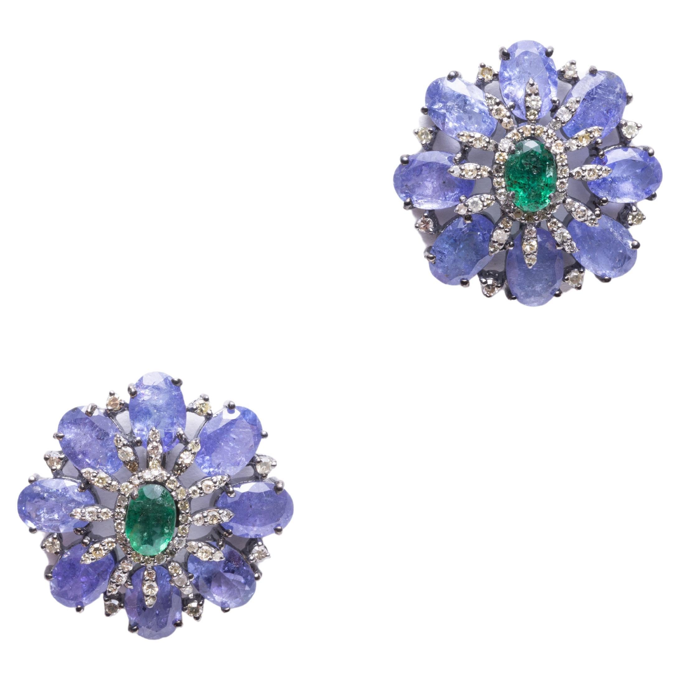 Tanzanite, Emerald and Diamond Stud Earrings For Sale