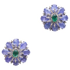 Tanzanite, Emerald and Diamond Stud Earrings