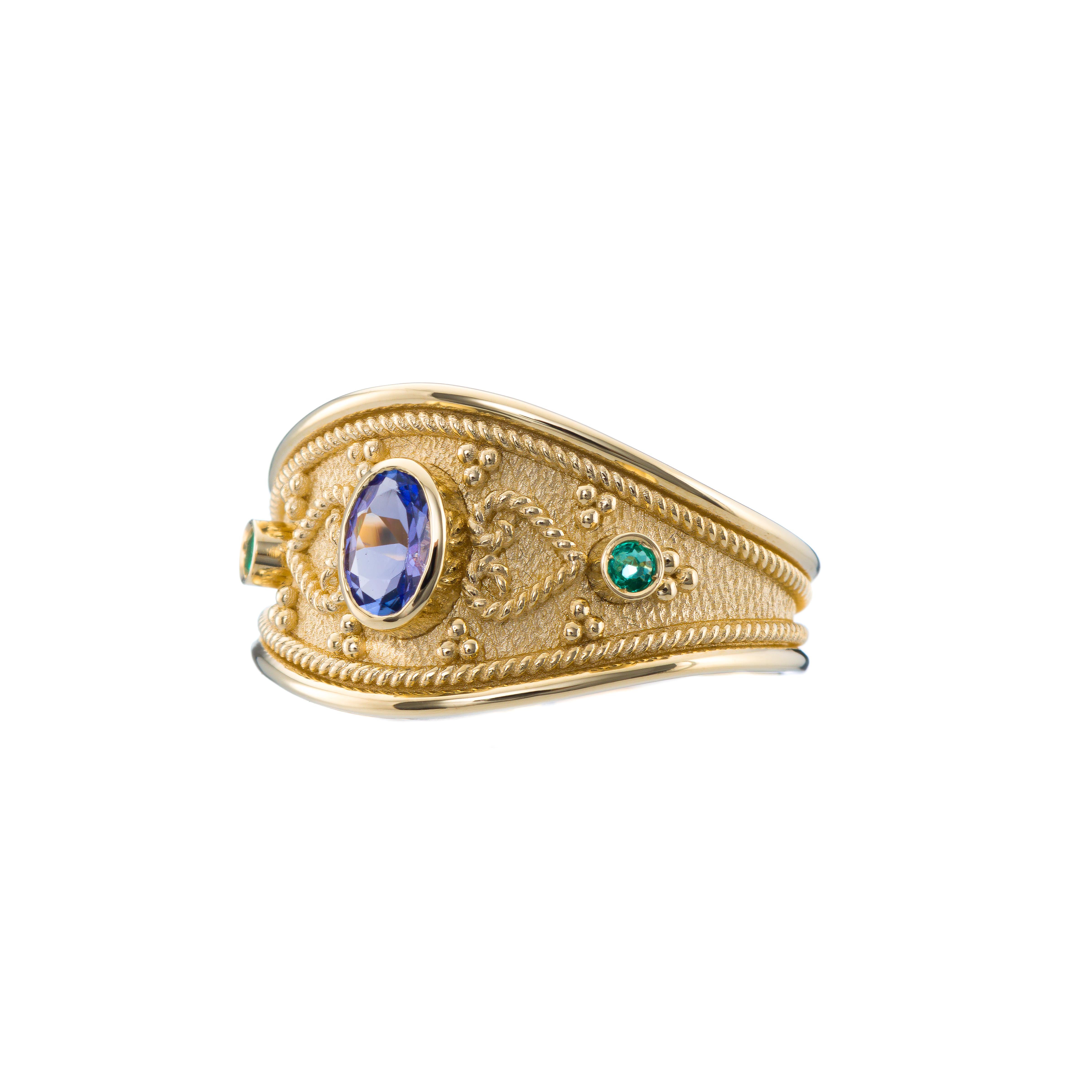 Tanzanite Emerald Byzantine Gold Ring In New Condition For Sale In Athens, GR