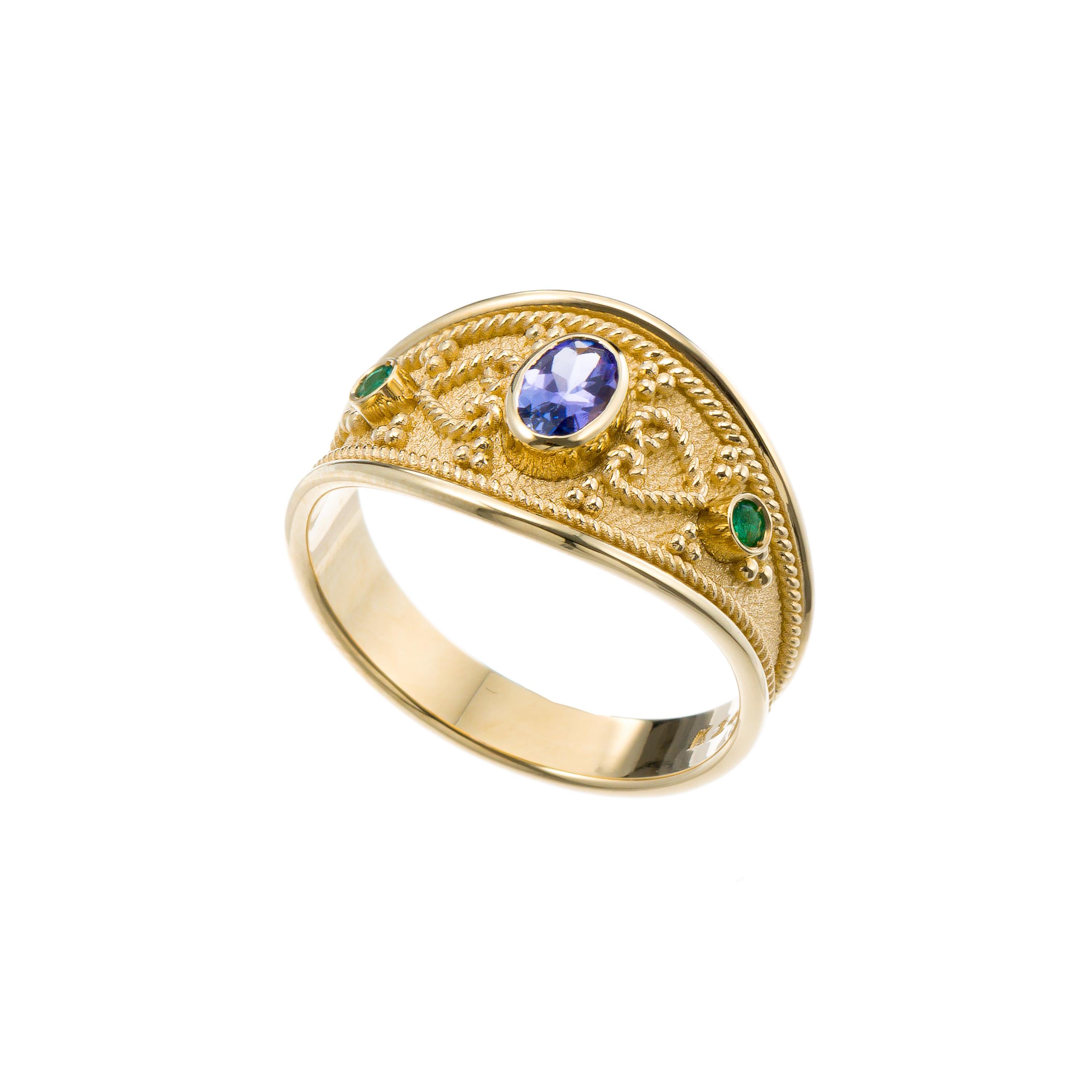Tanzanite Emerald Byzantine Gold Ring For Sale 2