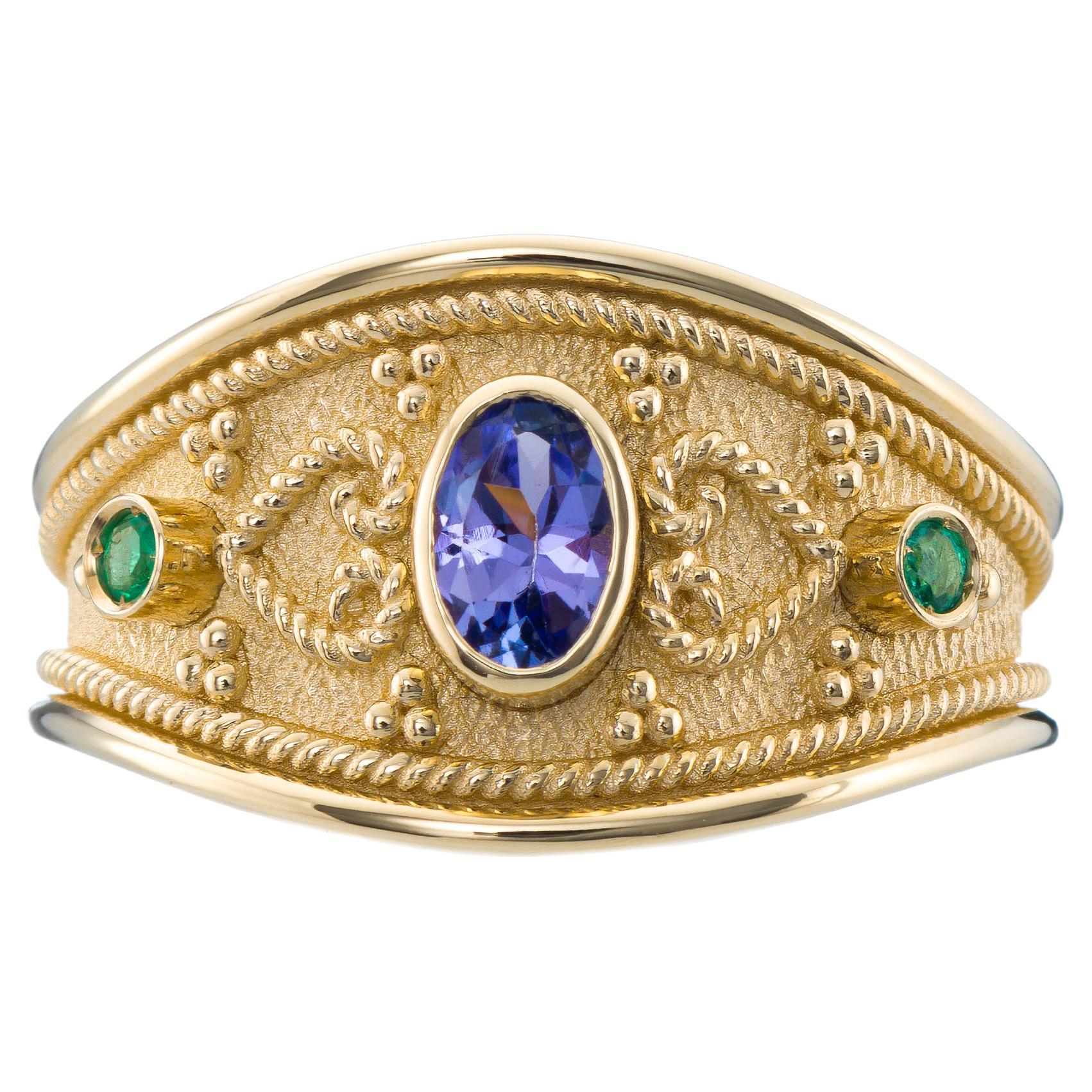 Tanzanite Emerald Byzantine Gold Ring