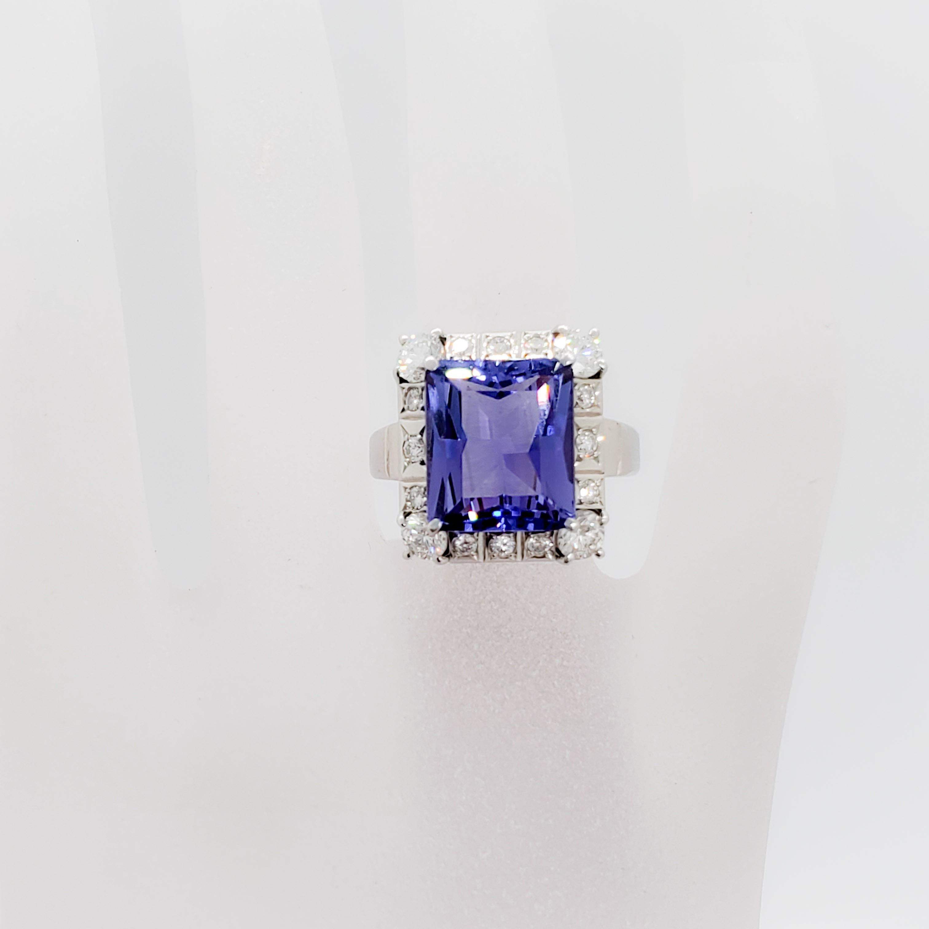 Tanzanite Emerald Cut and White Diamond Cocktail Ring in Platinum In Excellent Condition In Los Angeles, CA