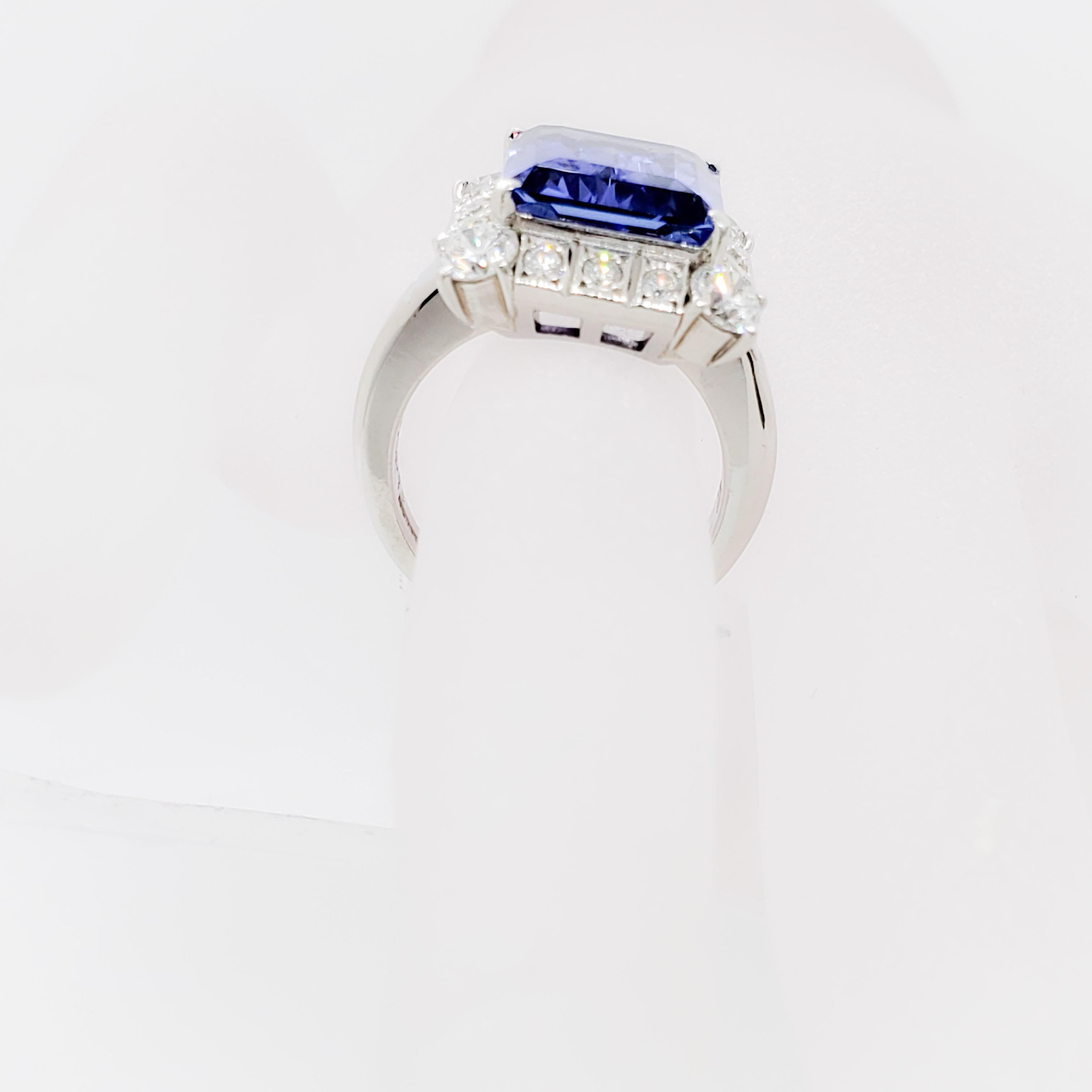Women's or Men's Tanzanite Emerald Cut and White Diamond Cocktail Ring in Platinum