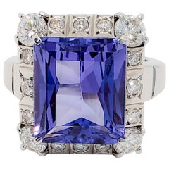 Tanzanite Emerald Cut and White Diamond Cocktail Ring in Platinum
