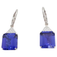 Tanzanite Emerald Cut and White Diamond Dangle Earrings in 18k White Gold