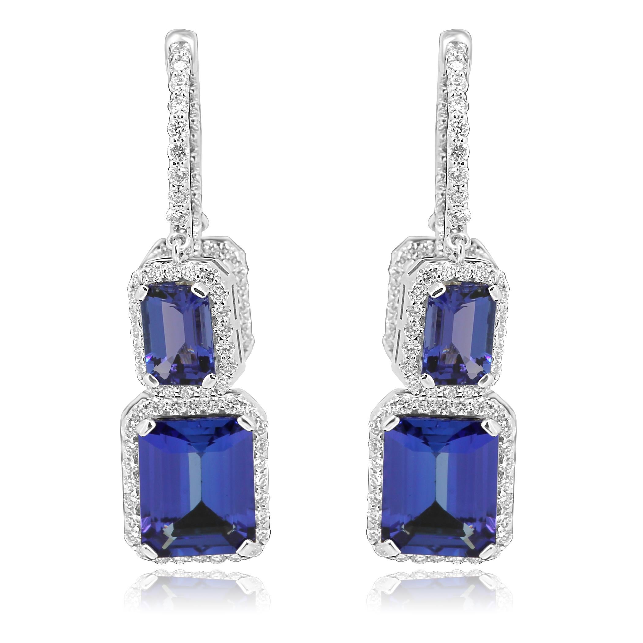 Tanzanite Emerald Cut Diamond Round Halo Gold Dangle Drop Hoop Style Earring In New Condition In NEW YORK, NY