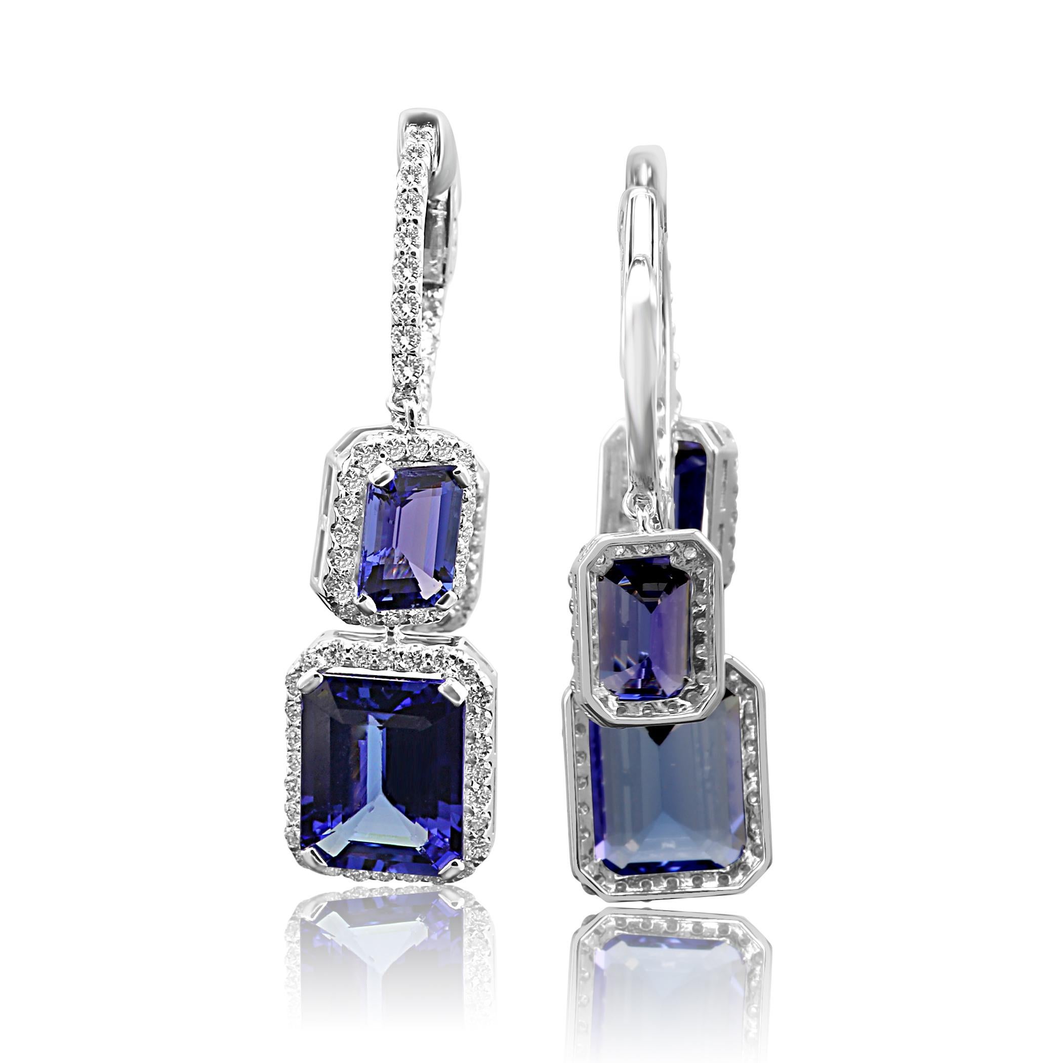 Women's or Men's Tanzanite Emerald Cut Diamond Round Halo Gold Dangle Drop Hoop Style Earring