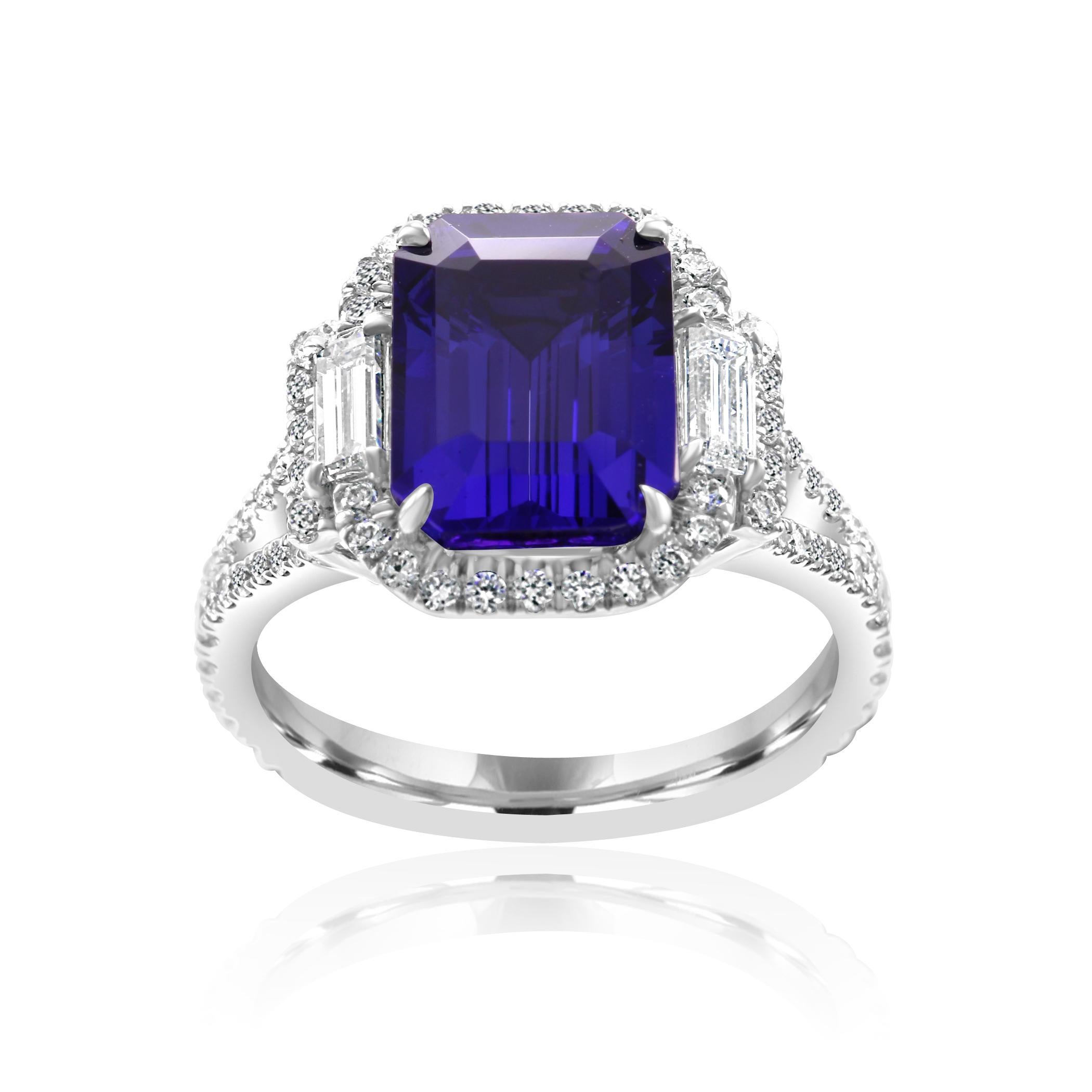 Contemporary Tanzanite Emerald Cut Diamond Round Three-Stone White Gold Bridal Fashion Ring
