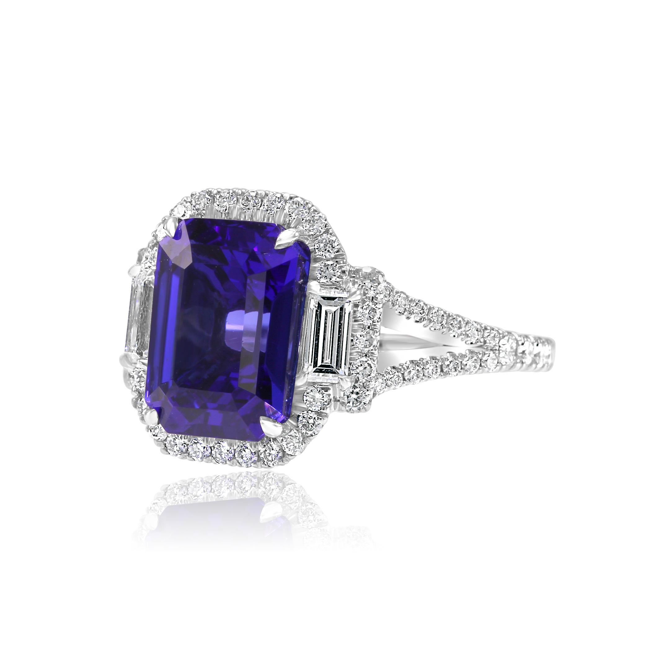Tanzanite Emerald Cut Diamond Round Three-Stone White Gold Bridal Fashion Ring In New Condition In NEW YORK, NY