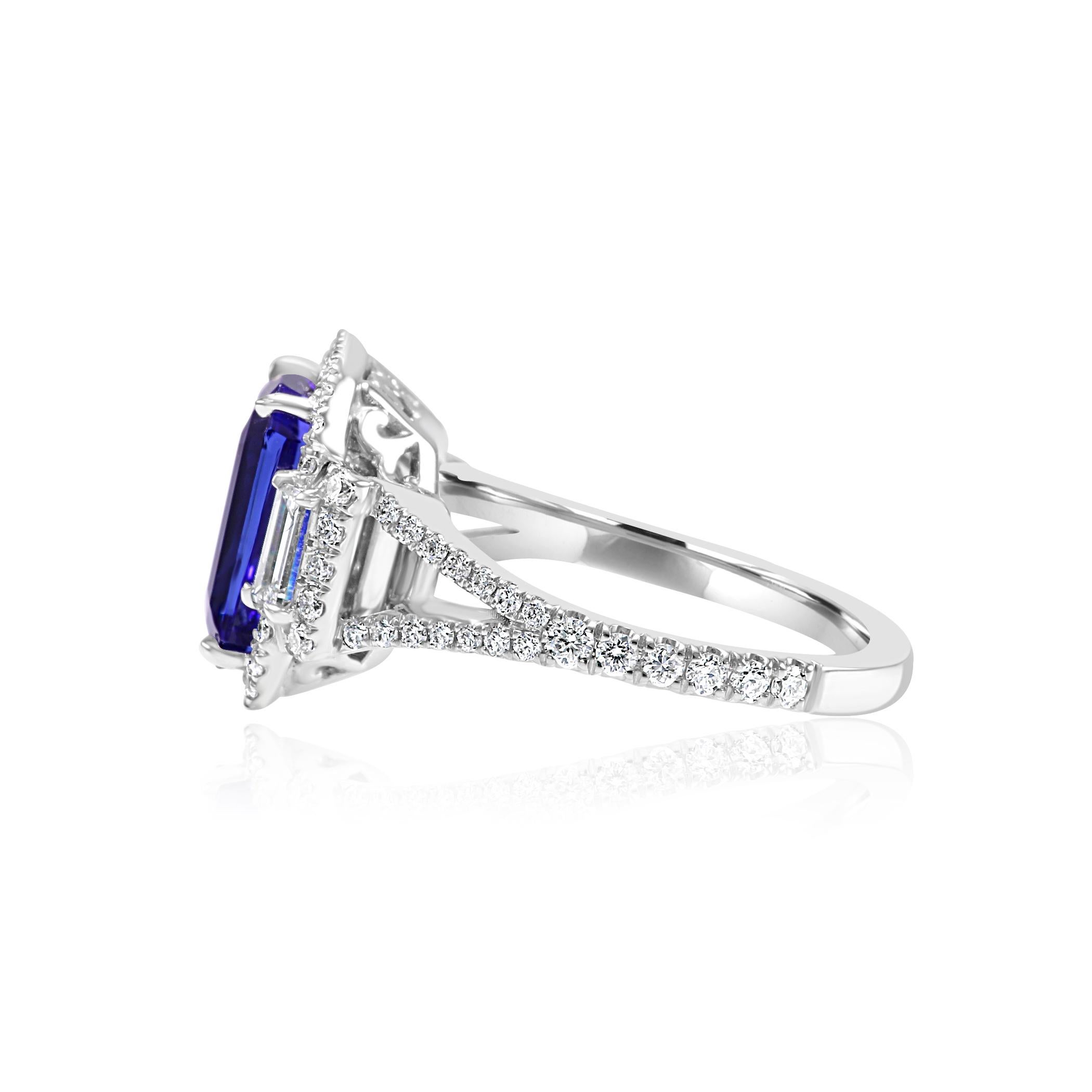Women's or Men's Tanzanite Emerald Cut Diamond Round Three-Stone White Gold Bridal Fashion Ring