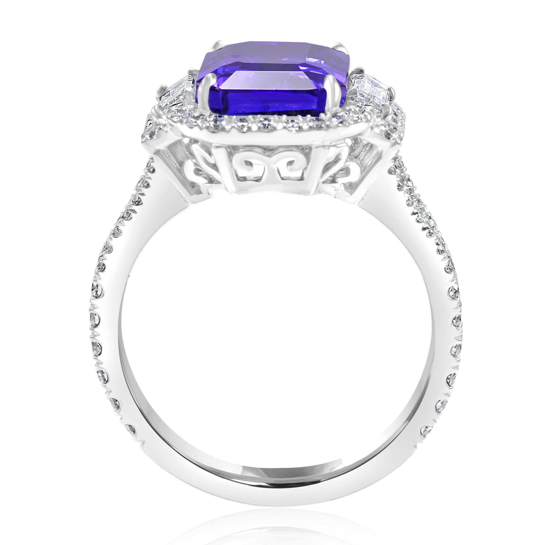 Tanzanite Emerald Cut Diamond Round Three-Stone White Gold Bridal Fashion Ring 1