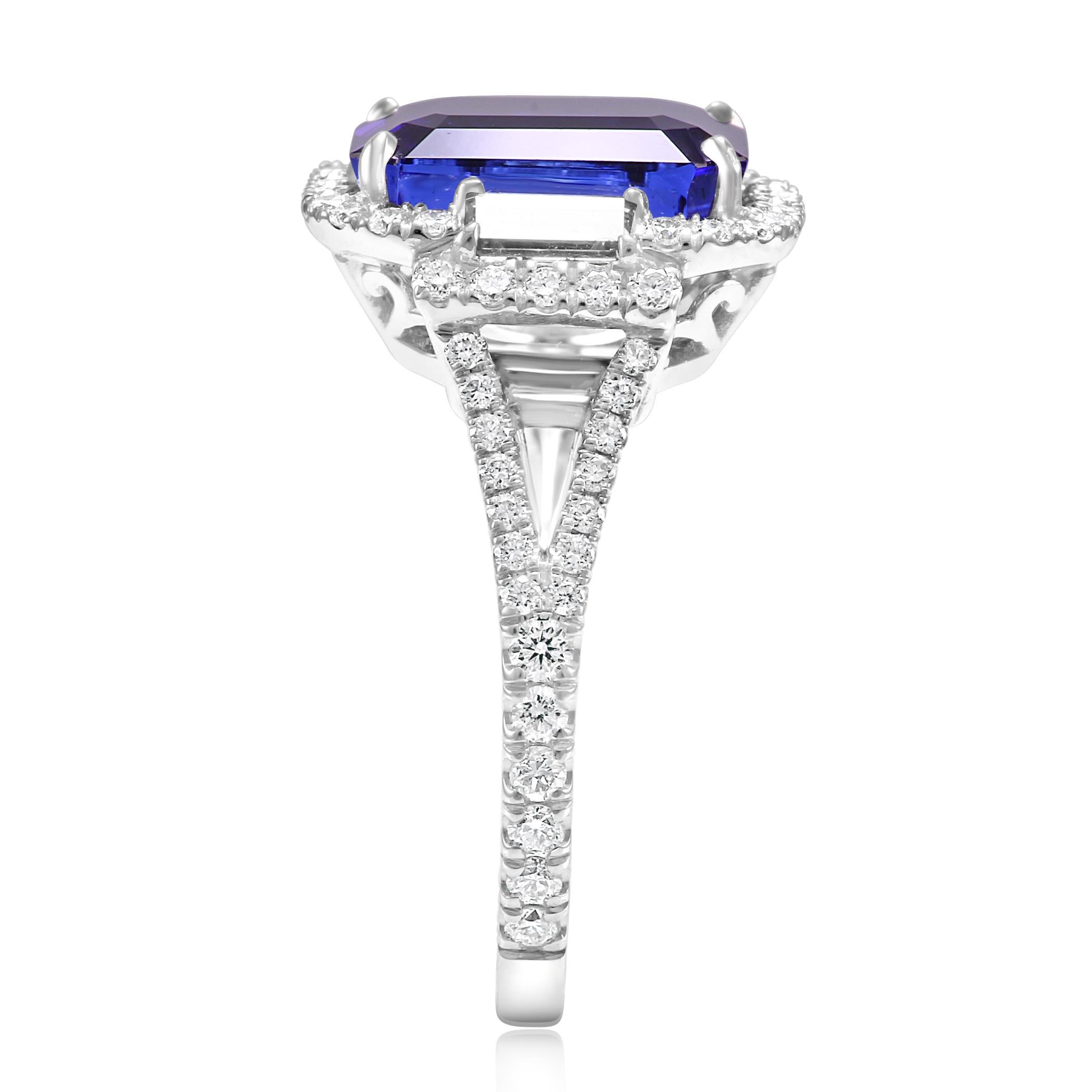Tanzanite Emerald Cut Diamond Round Three-Stone White Gold Bridal Fashion Ring 2