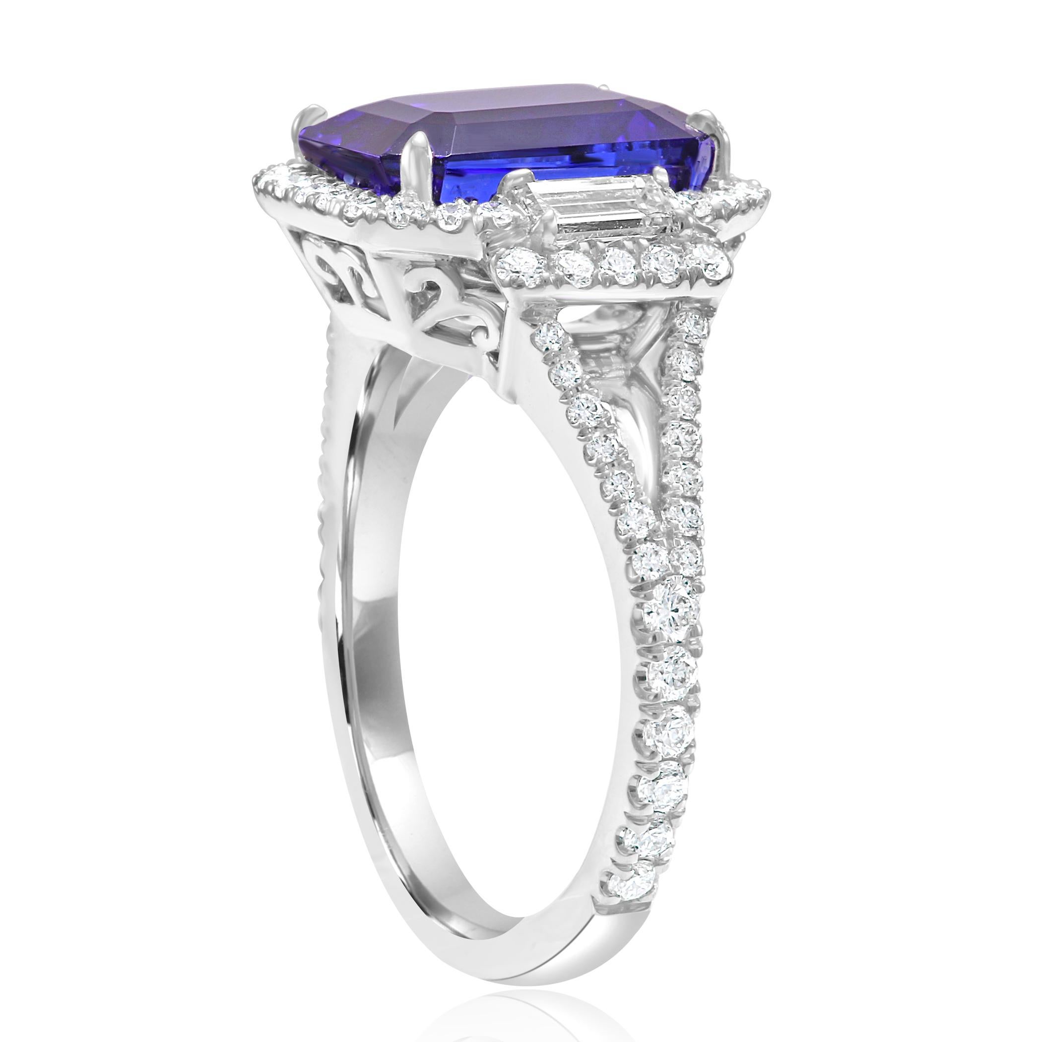 Tanzanite Emerald Cut Diamond Round Three-Stone White Gold Bridal Fashion Ring 3