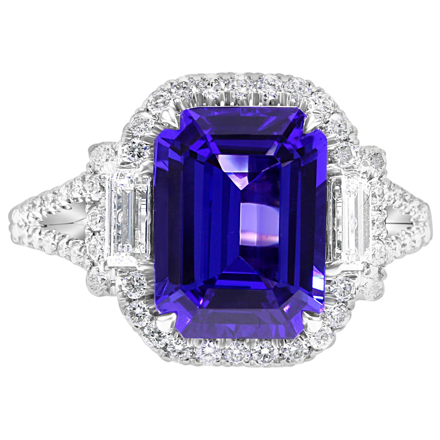 Tanzanite Emerald Cut Diamond Round Three-Stone White Gold Bridal Fashion Ring