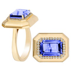 Tanzanite Emerald Cut Ring With Diamonds In 18K Yellow Gold