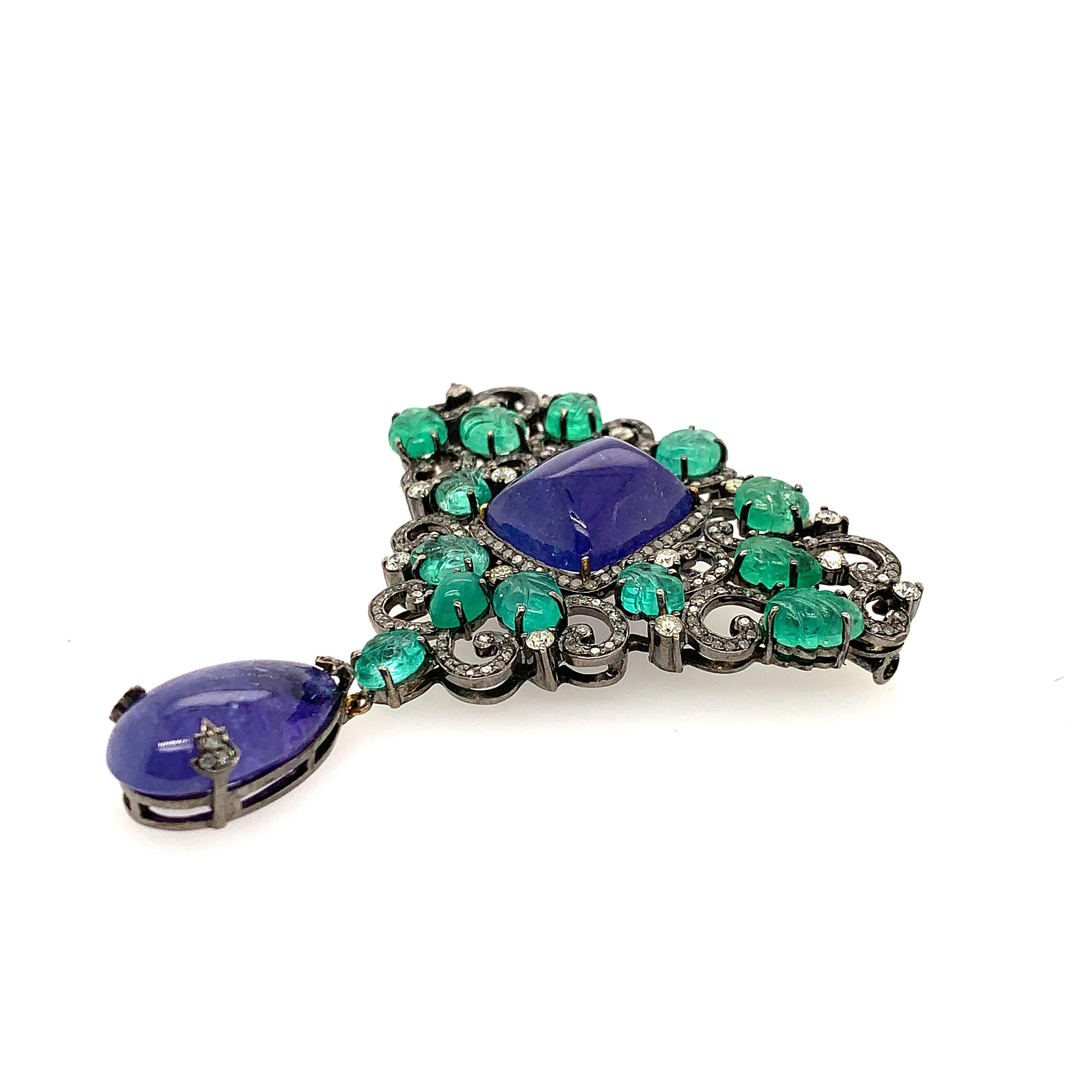 Artisan Tanzanite Emerald Diamond Designer Brooch Pendant