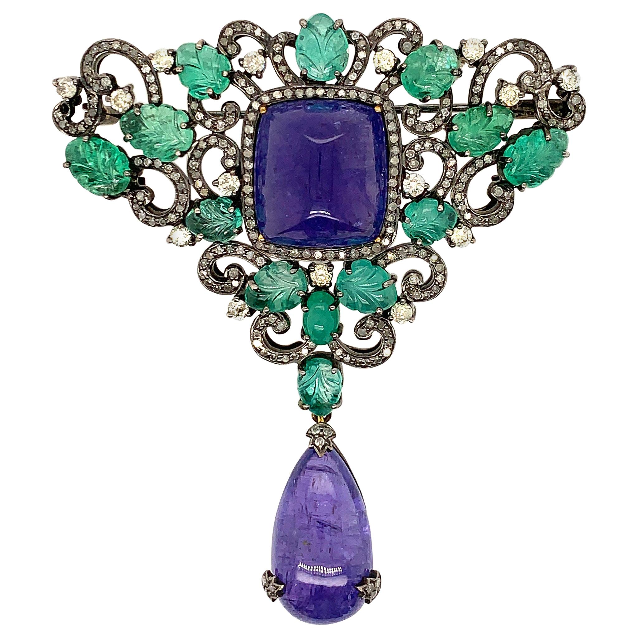 Tanzanite Emerald Diamond Designer Brooch Pendant