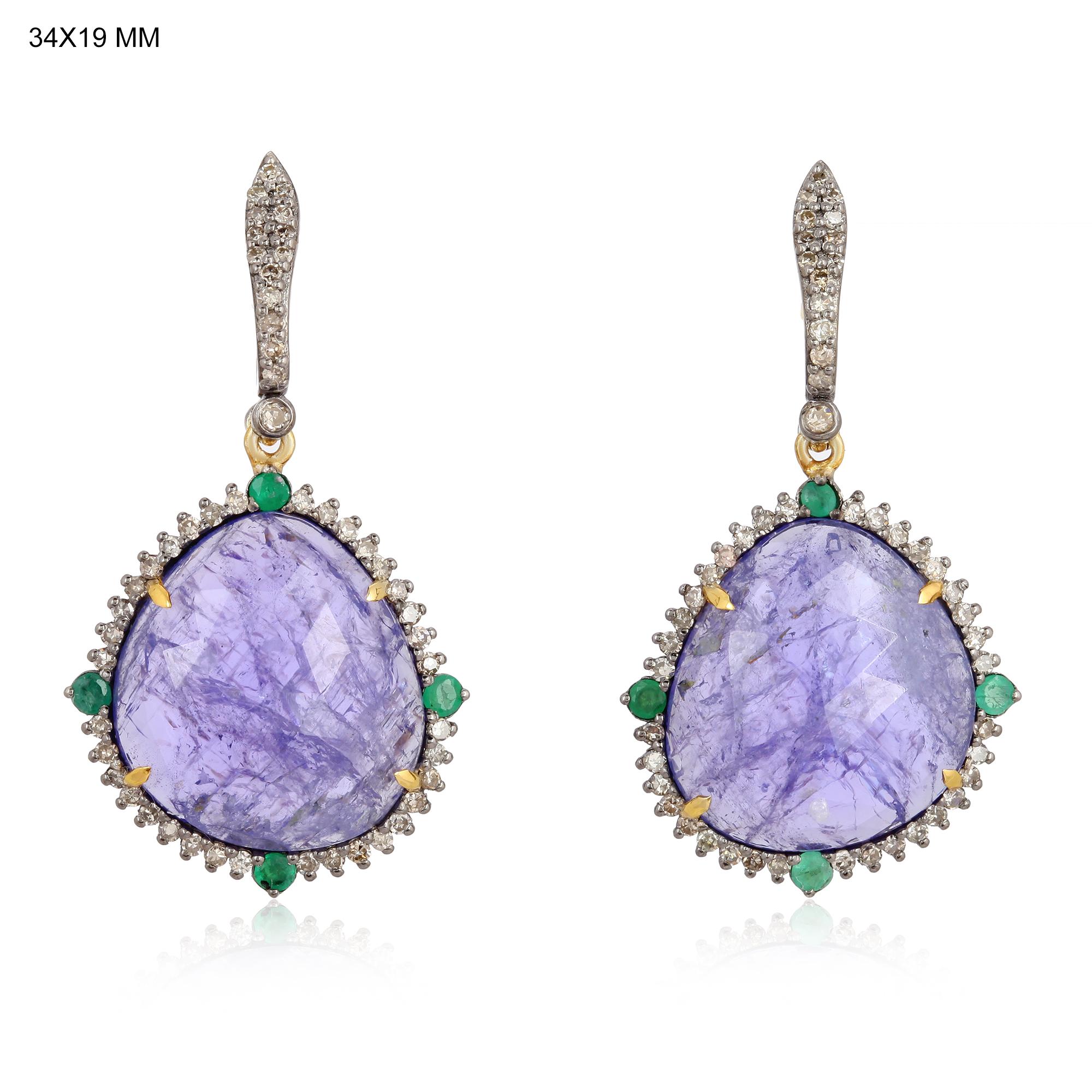 Contemporary Tanzanite Emerald Diamond Earrings For Sale