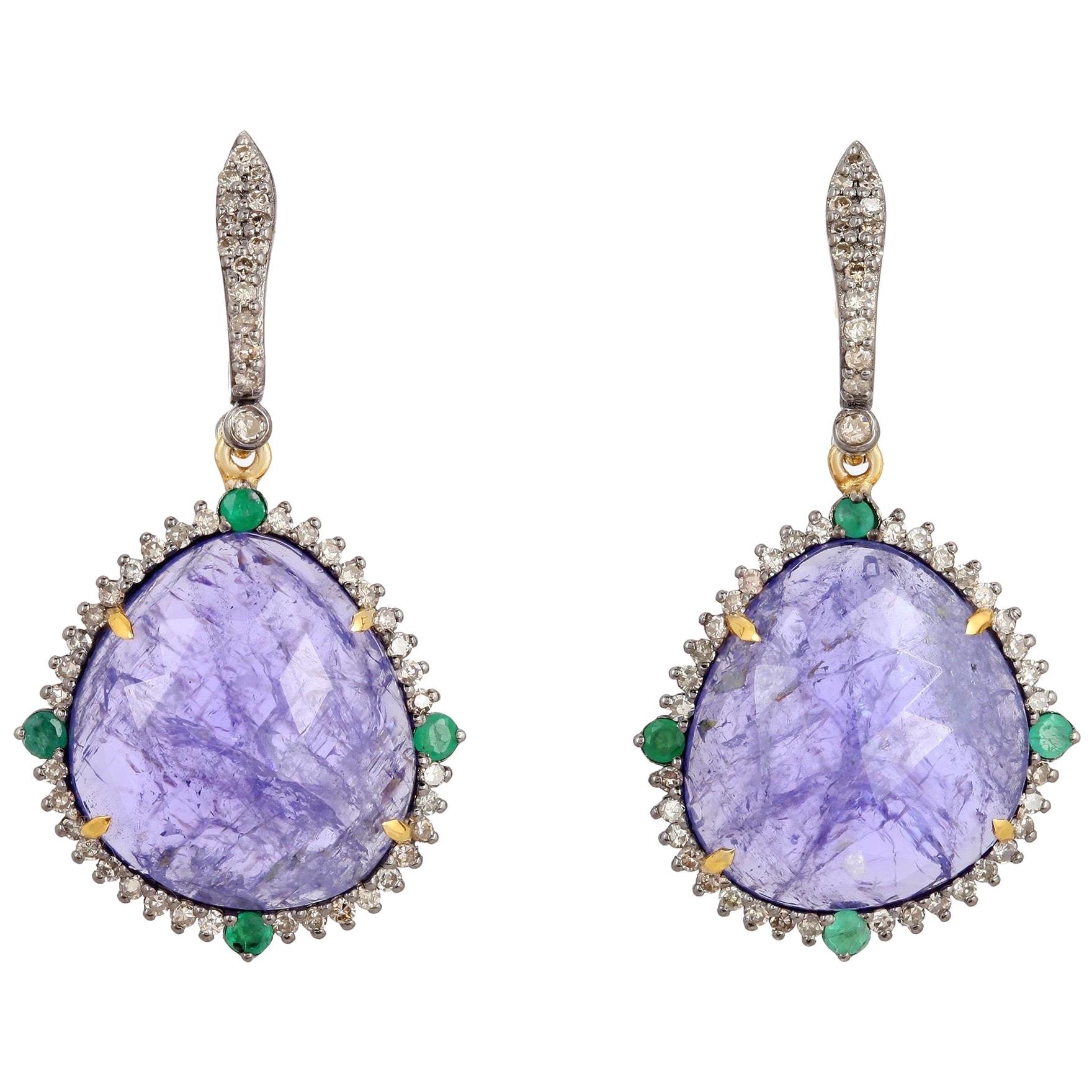 Tansanit-Smaragd-Diamant-Ohrringe im Angebot